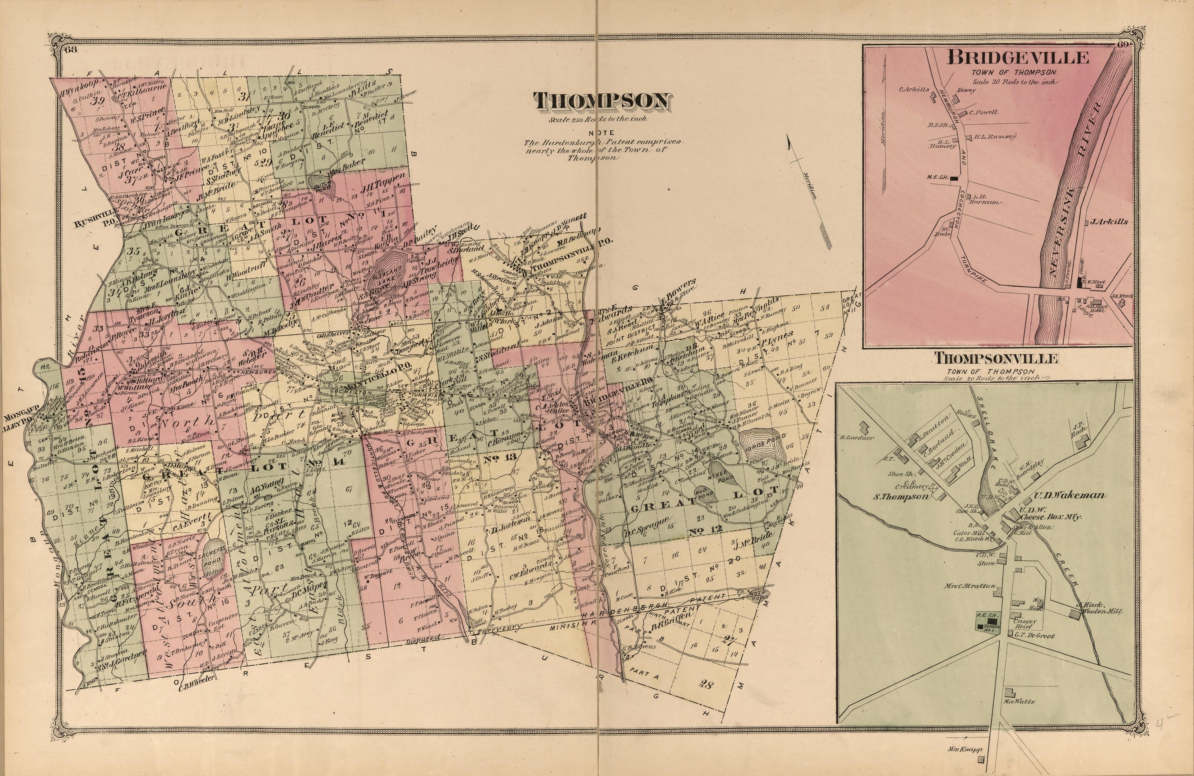 Thompson, Bridgeville, Thompsonville from County Atlas of Sullivan, New York 1875 by Relic Map Company