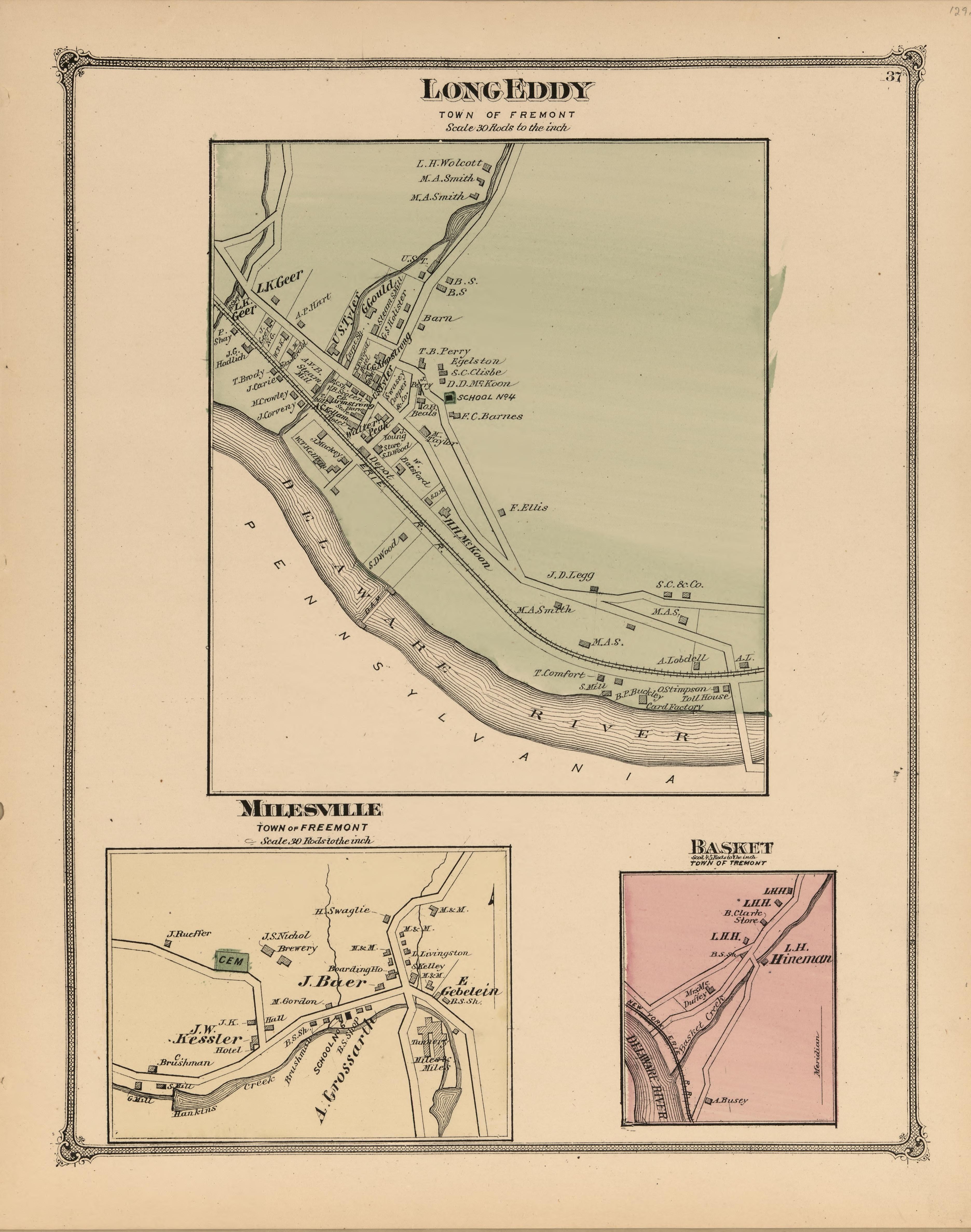 Long Eddy, Milesville, Basket from County Atlas of Sullivan, New York 1875 by Relic Map Company