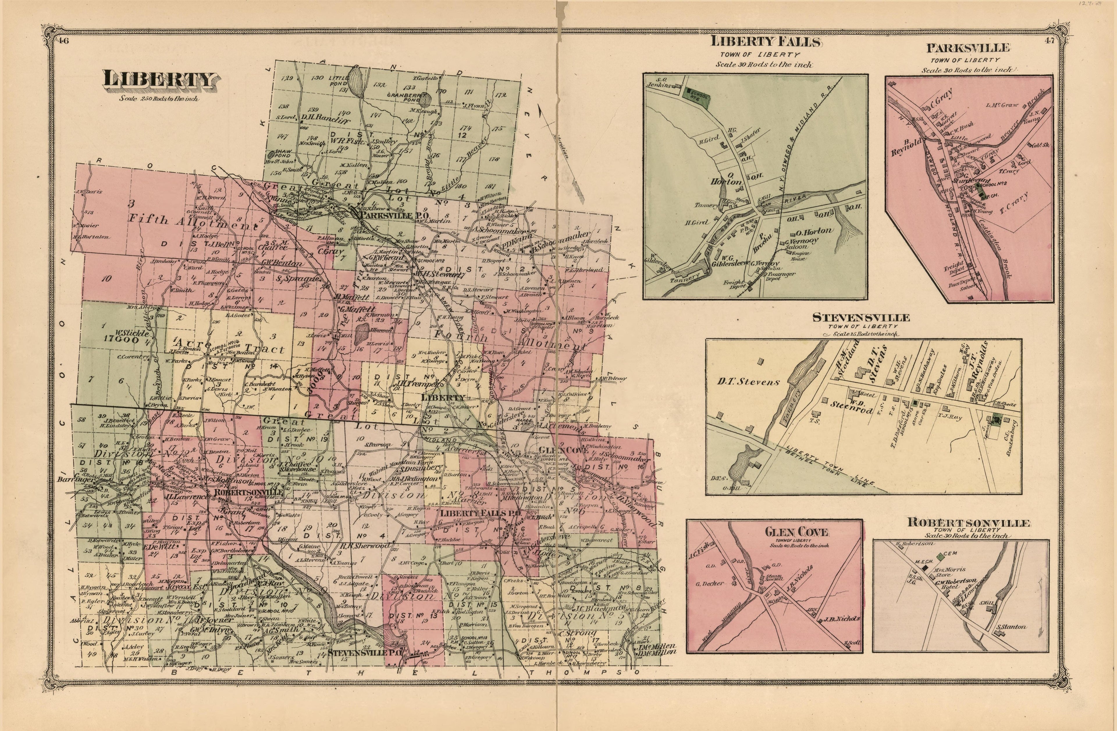 Liberty; Liberty Falls, Parksville, Stevensville, Glen Cove, Robertsonville from County Atlas of Sullivan, New York 1875 by Relic Map Company