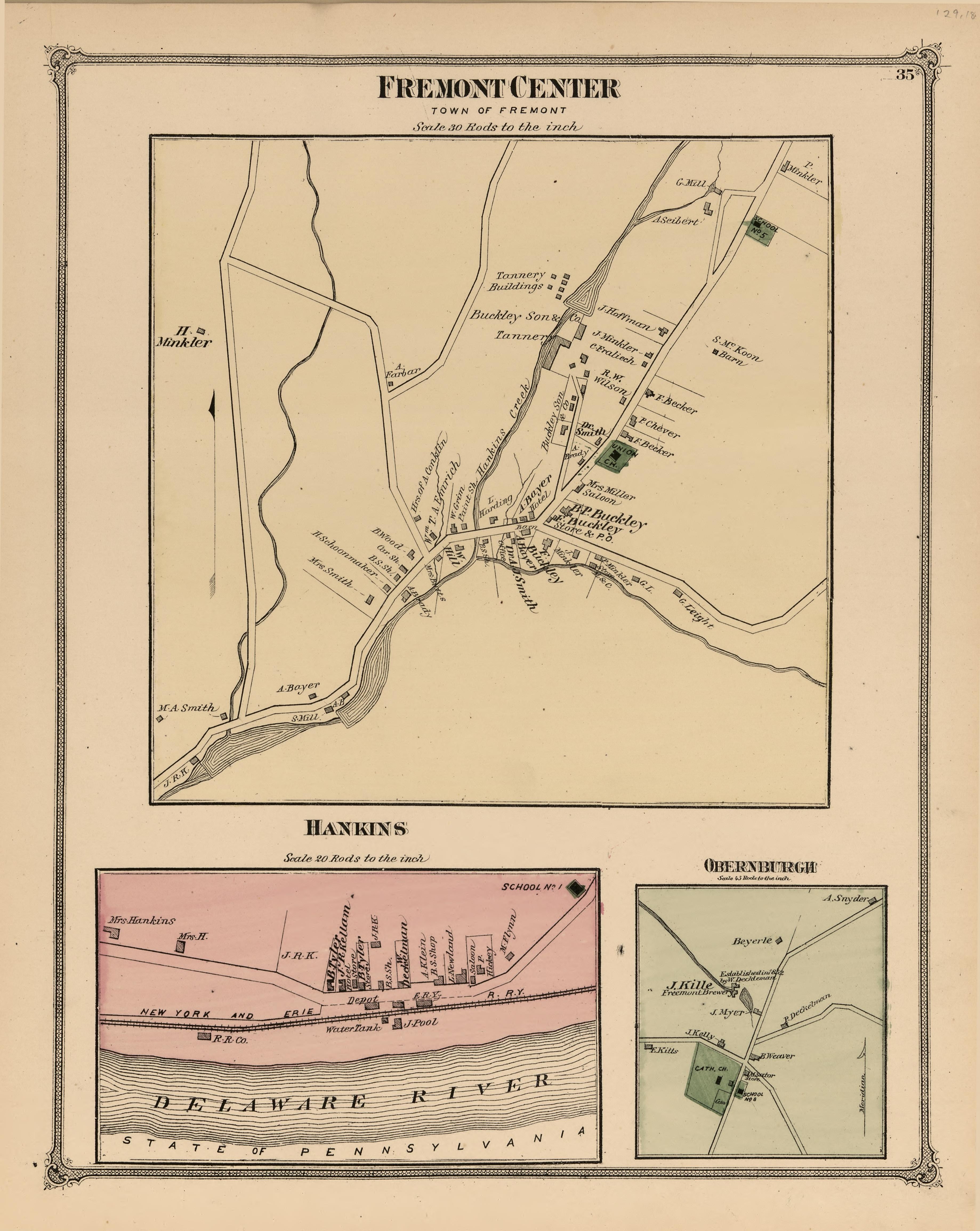 Fremont Center, Hankins, Obernburgh from County Atlas of Sullivan, New York 1875 by Relic Map Company