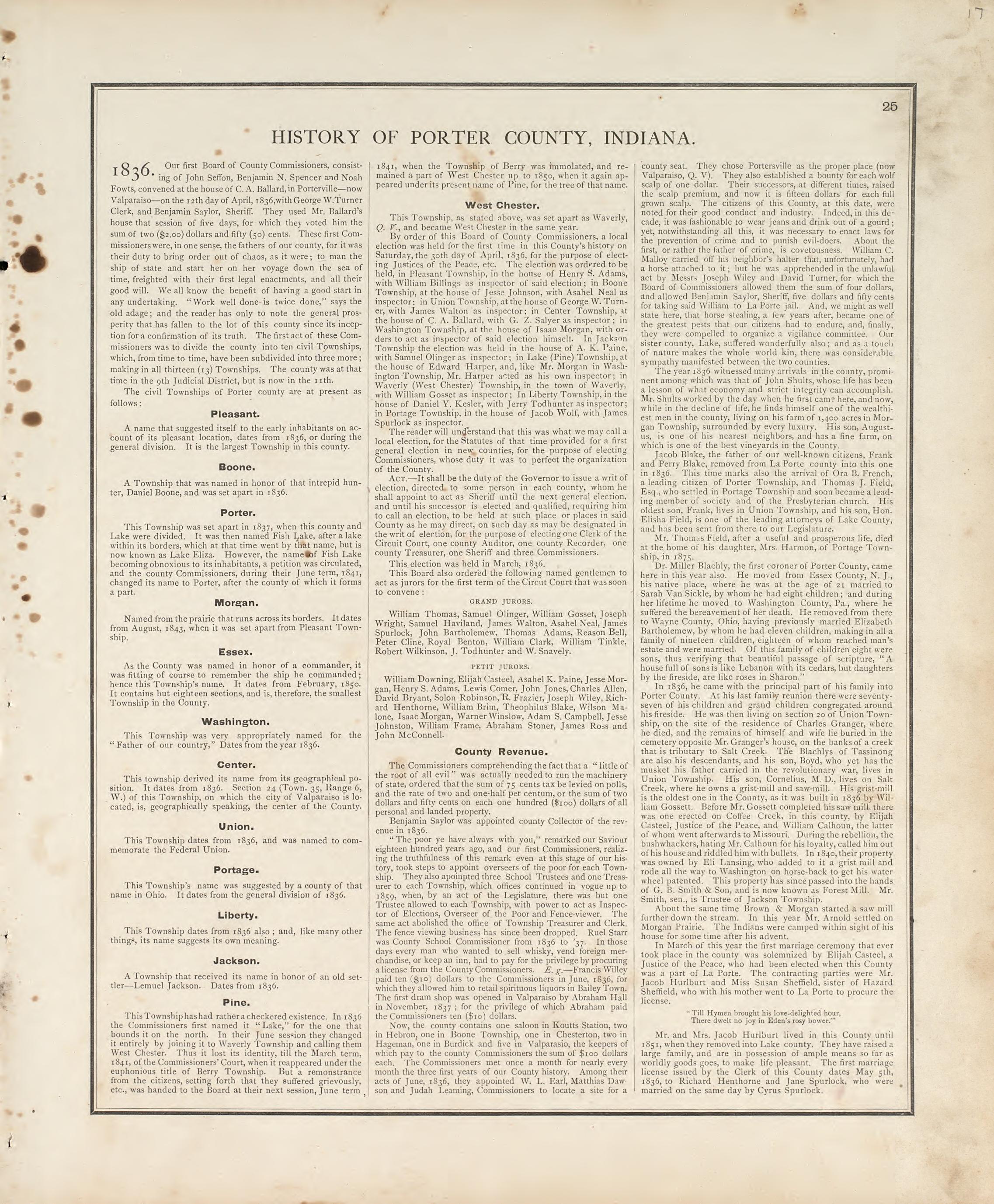 History of Porter County, Indiana from Illustrated Historical Atlas of Porter County, Indiana 1876 by Relic Map Company