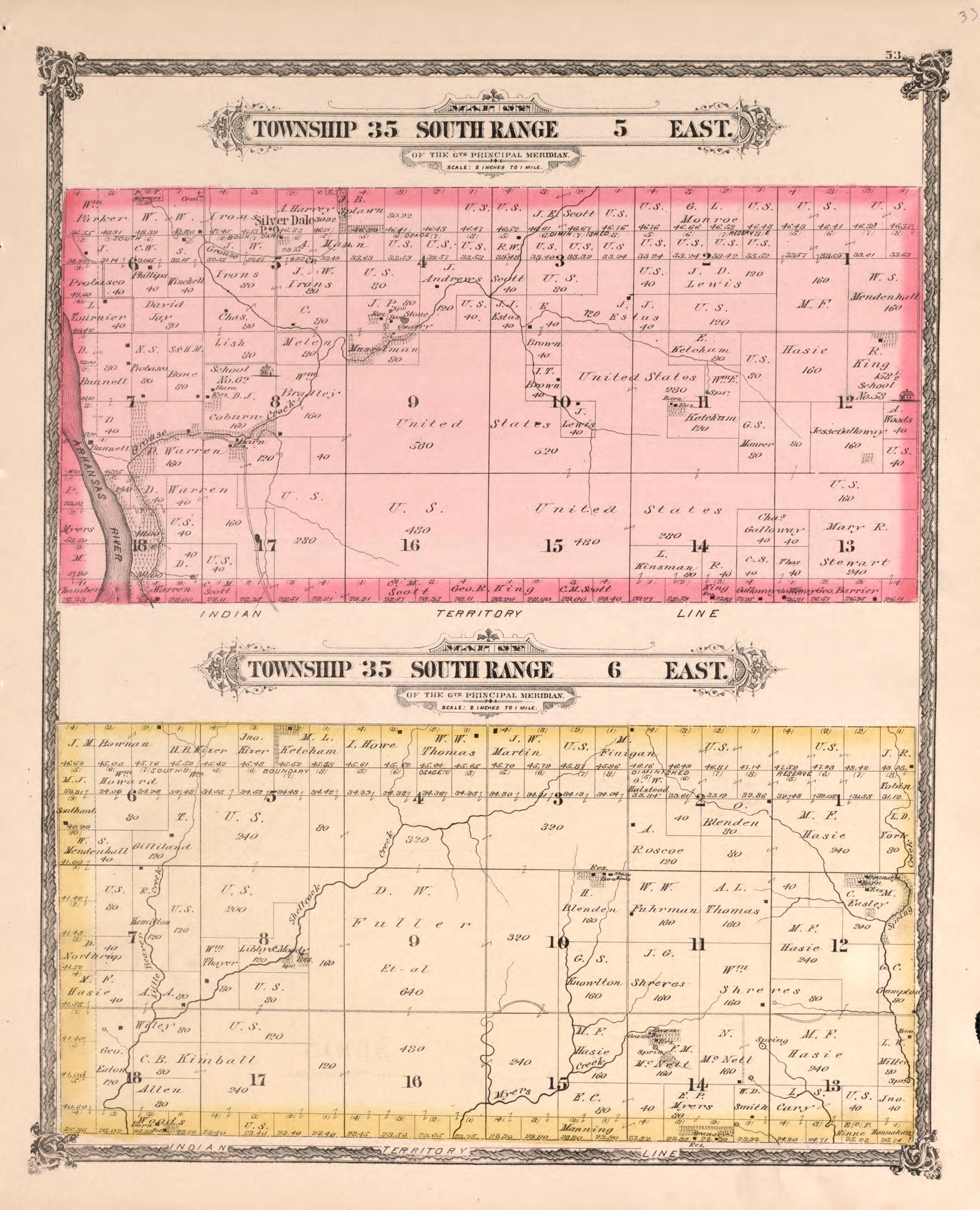 Township 35 South Range 5 and 6 East from Historical Atlas of Cowley County, Kansas 1882 by Relic Map Company
