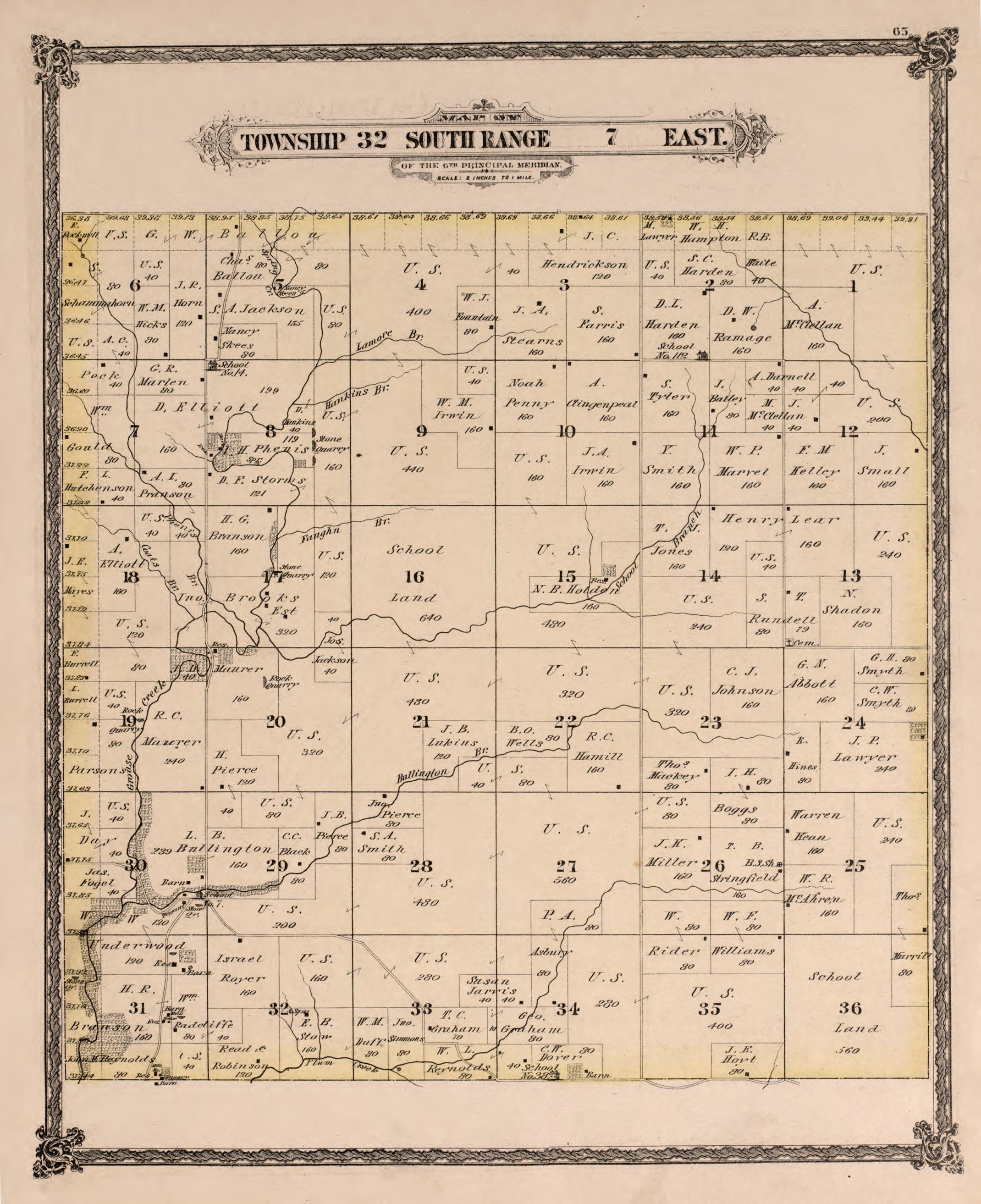 Township 32 South Range 7 East from Historical Atlas of Cowley County, Kansas 1882 by Relic Map Company