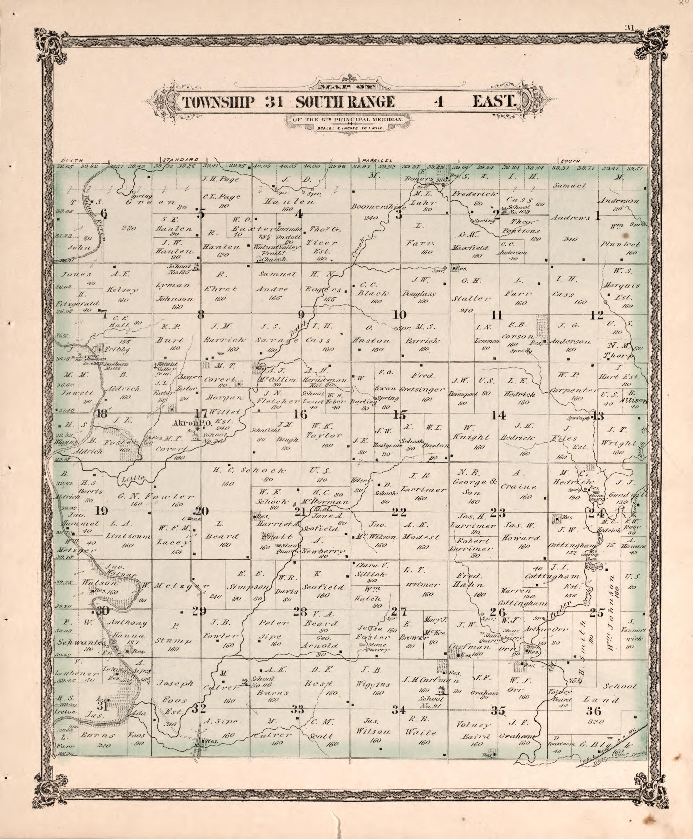 Township 31 South Range 4 East from Historical Atlas of Cowley County, Kansas 1882 by Relic Map Company