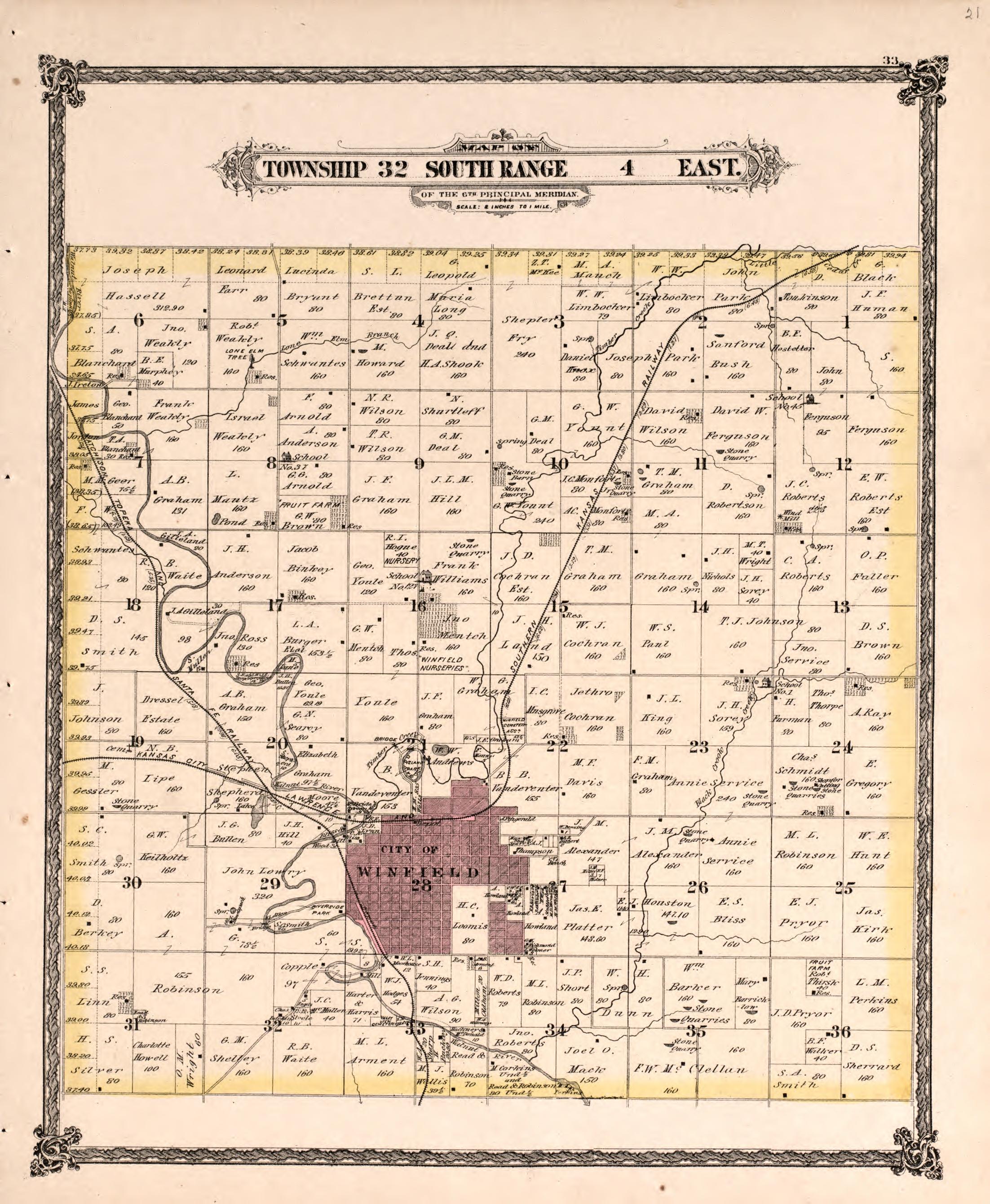 Township 32 South Range 4 East from Historical Atlas of Cowley County, Kansas 1882 by Relic Map Company