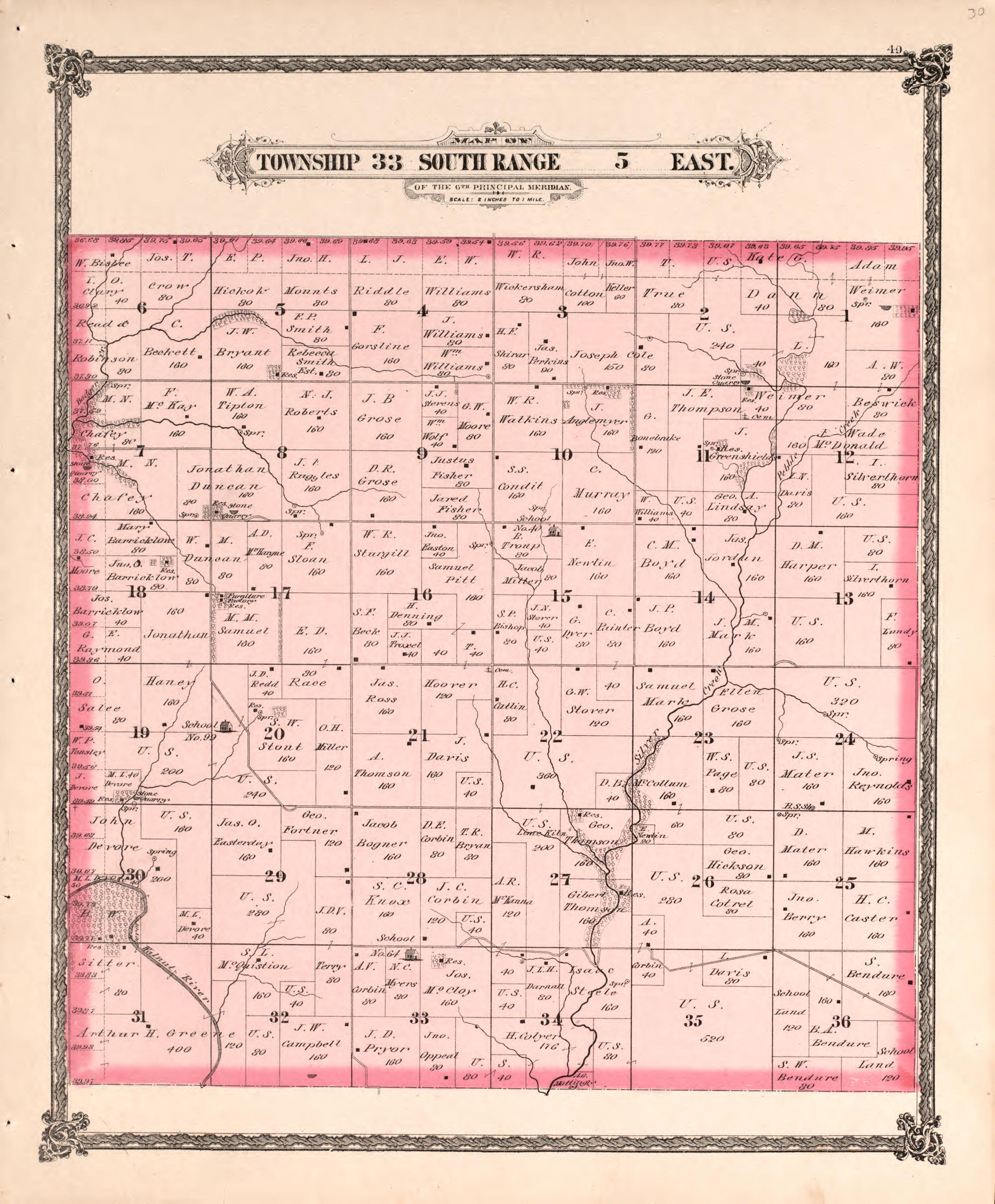 Township 33 South Range 5 East from Historical Atlas of Cowley County, Kansas 1882 by Relic Map Company