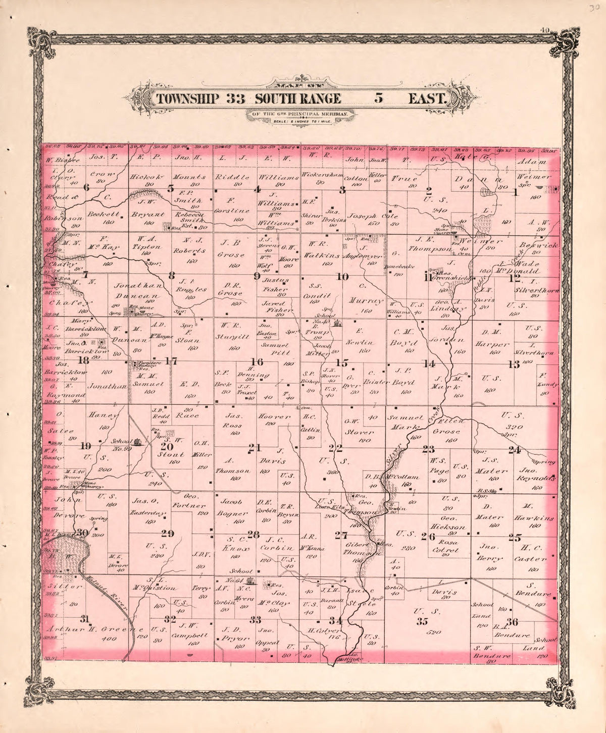 Township 33 South Range 5 East from Historical Atlas of Cowley County, Kansas 1882 by Relic Map Company