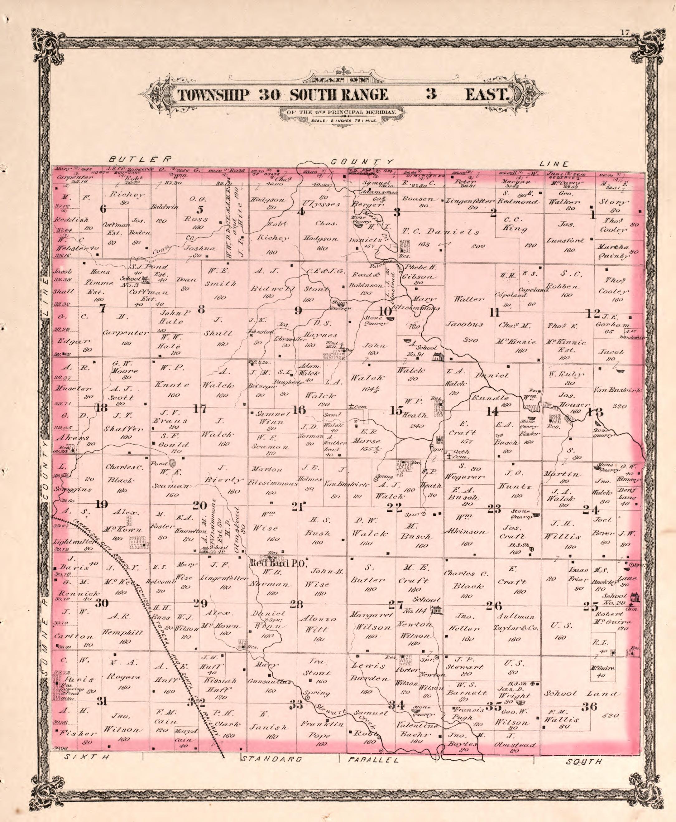 Township 30 South Range 3 East from Historical Atlas of Cowley County, Kansas 1882 by Relic Map Company
