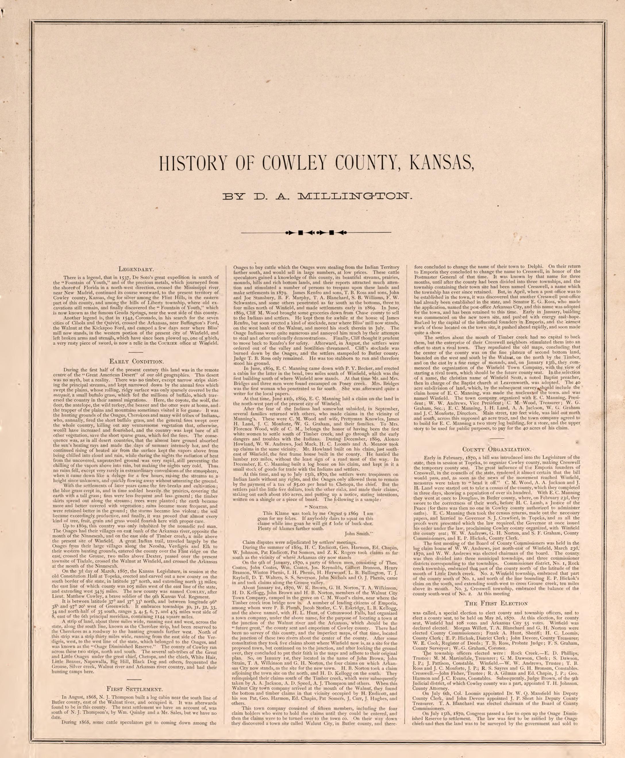 History of Crowley County, P. 1 from Historical Atlas of Cowley County, Kansas 1882 by Relic Map Company