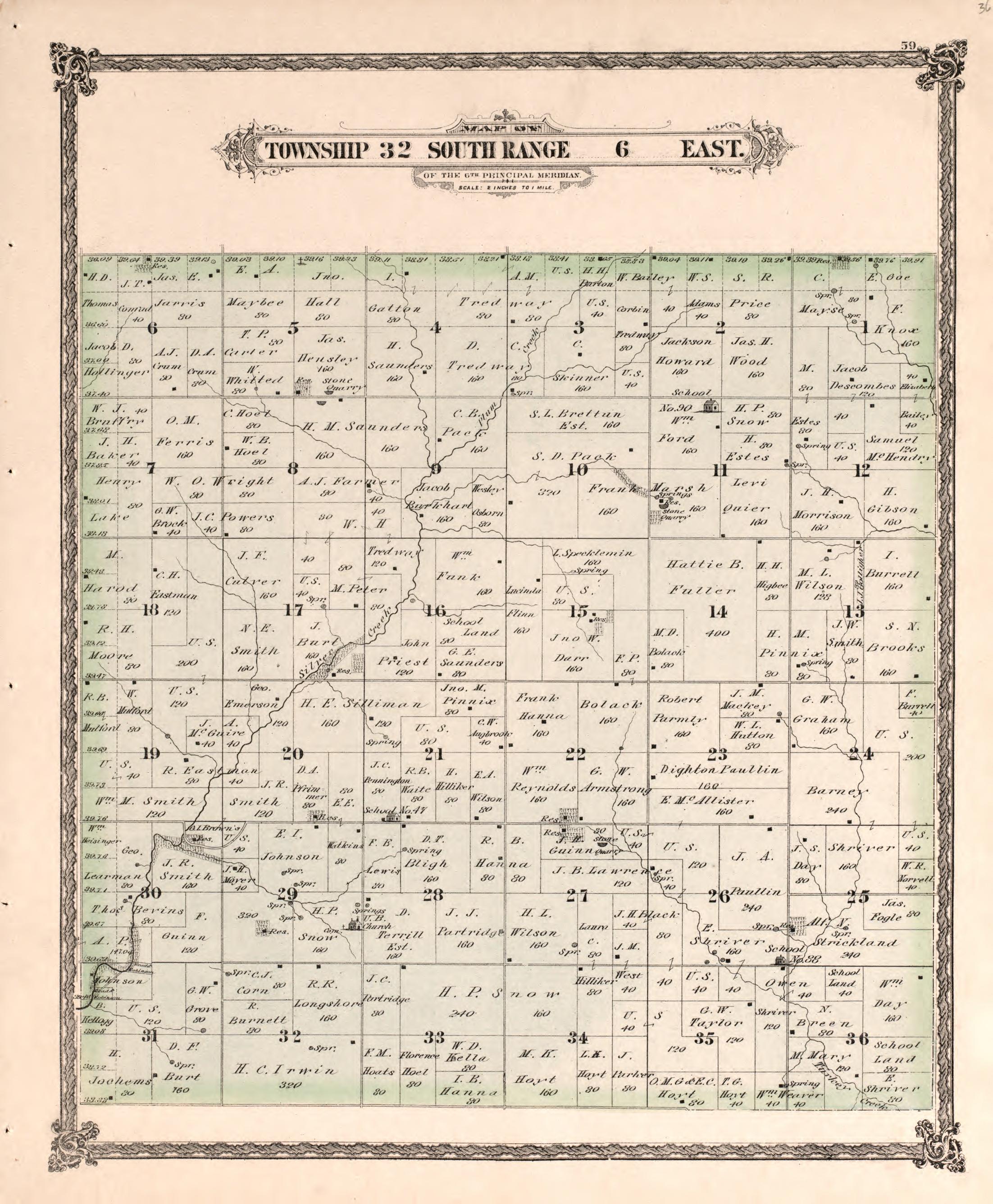 Township 32 South Range 6 East from Historical Atlas of Cowley County, Kansas 1882 by Relic Map Company