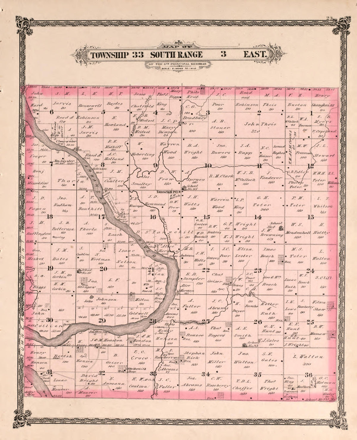 Township 33 South Range 3 East from Historical Atlas of Cowley County, Kansas 1882 by Relic Map Company