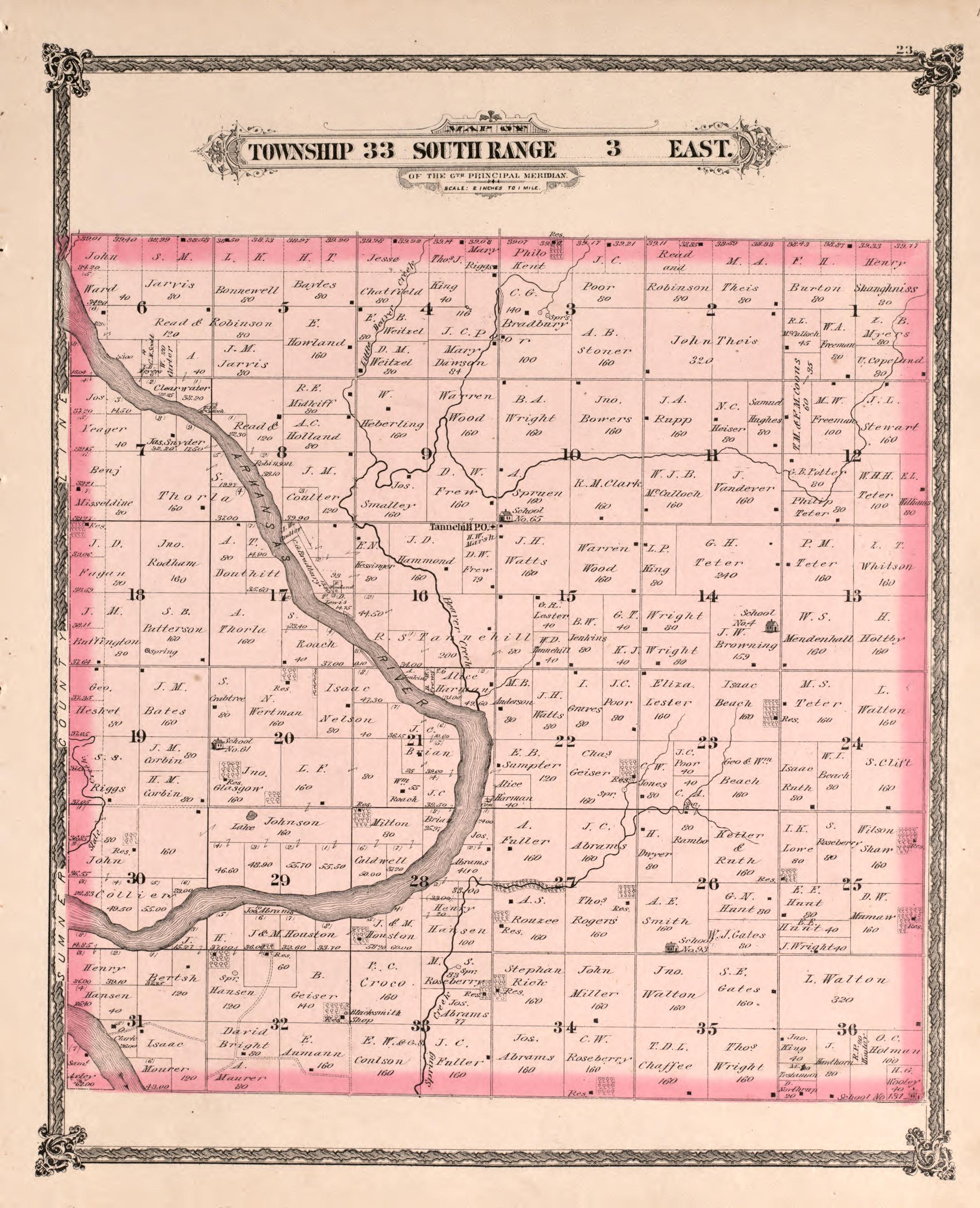 Township 33 South Range 3 East from Historical Atlas of Cowley County, Kansas 1882 by Relic Map Company