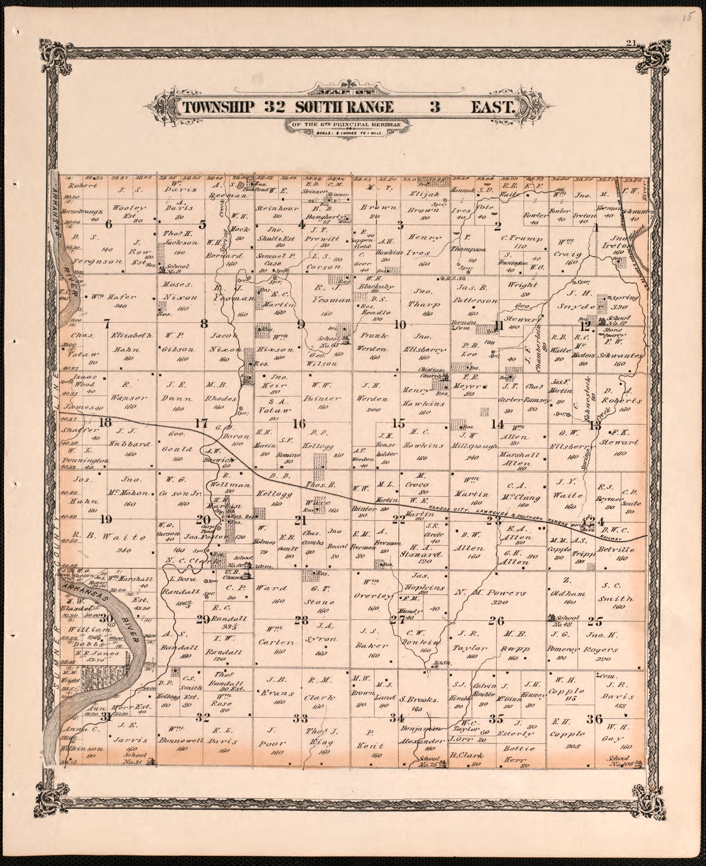 Township 32 South Range 3 East from Historical Atlas of Cowley County, Kansas 1882 by Relic Map Company