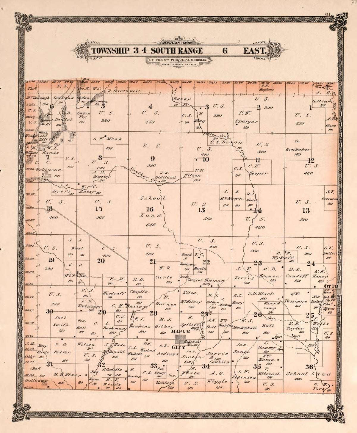 Township 34 South Range 6 East from Historical Atlas of Cowley County, Kansas 1882 by Relic Map Company
