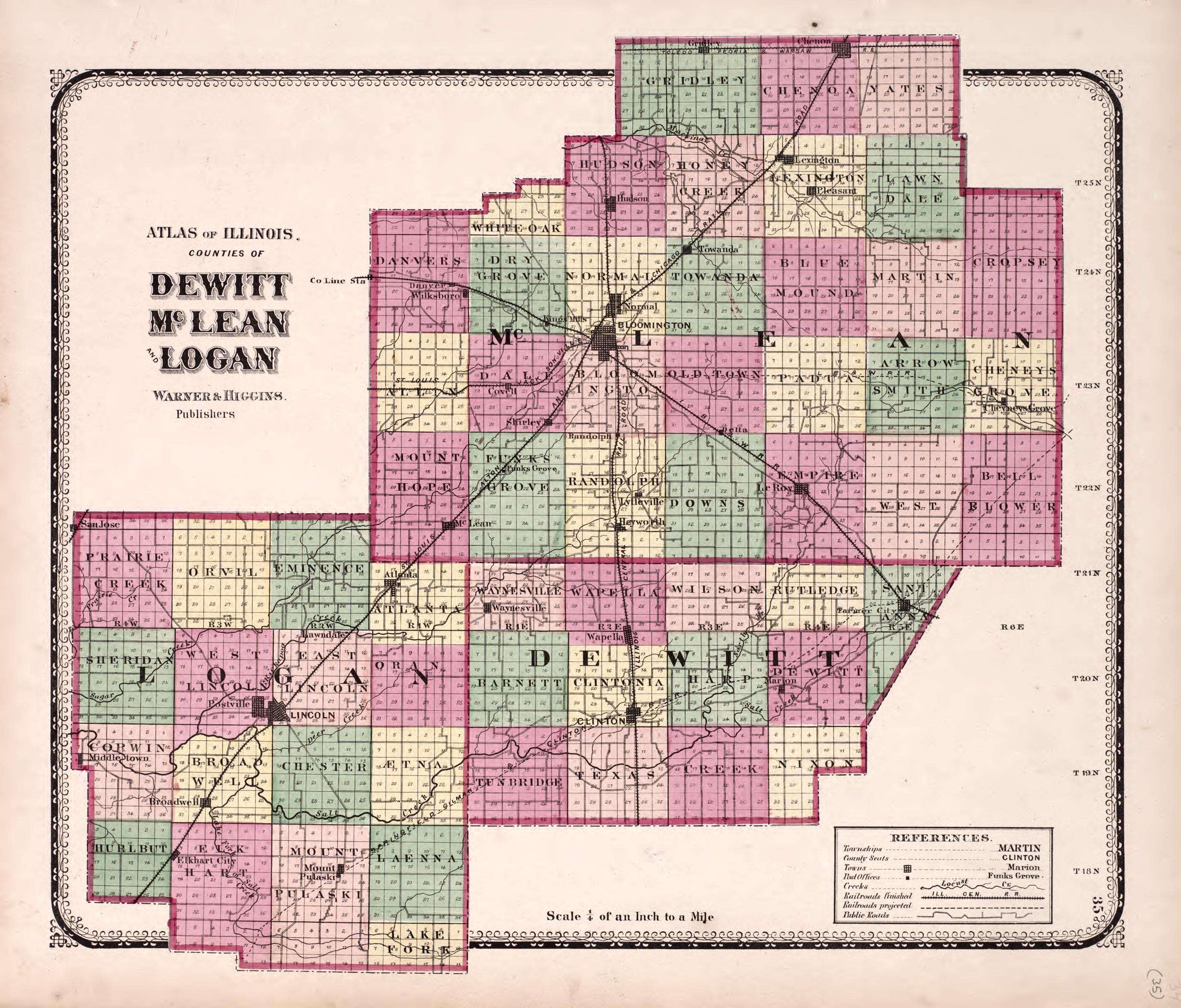 DeWitt, McLean and Logan from Atlas of Kendall County and the State of Illinois : to Which Is Added an Atlas of the United States, Maps of the Hemispheres &c. &c. &c 1870 by Relic Map Company