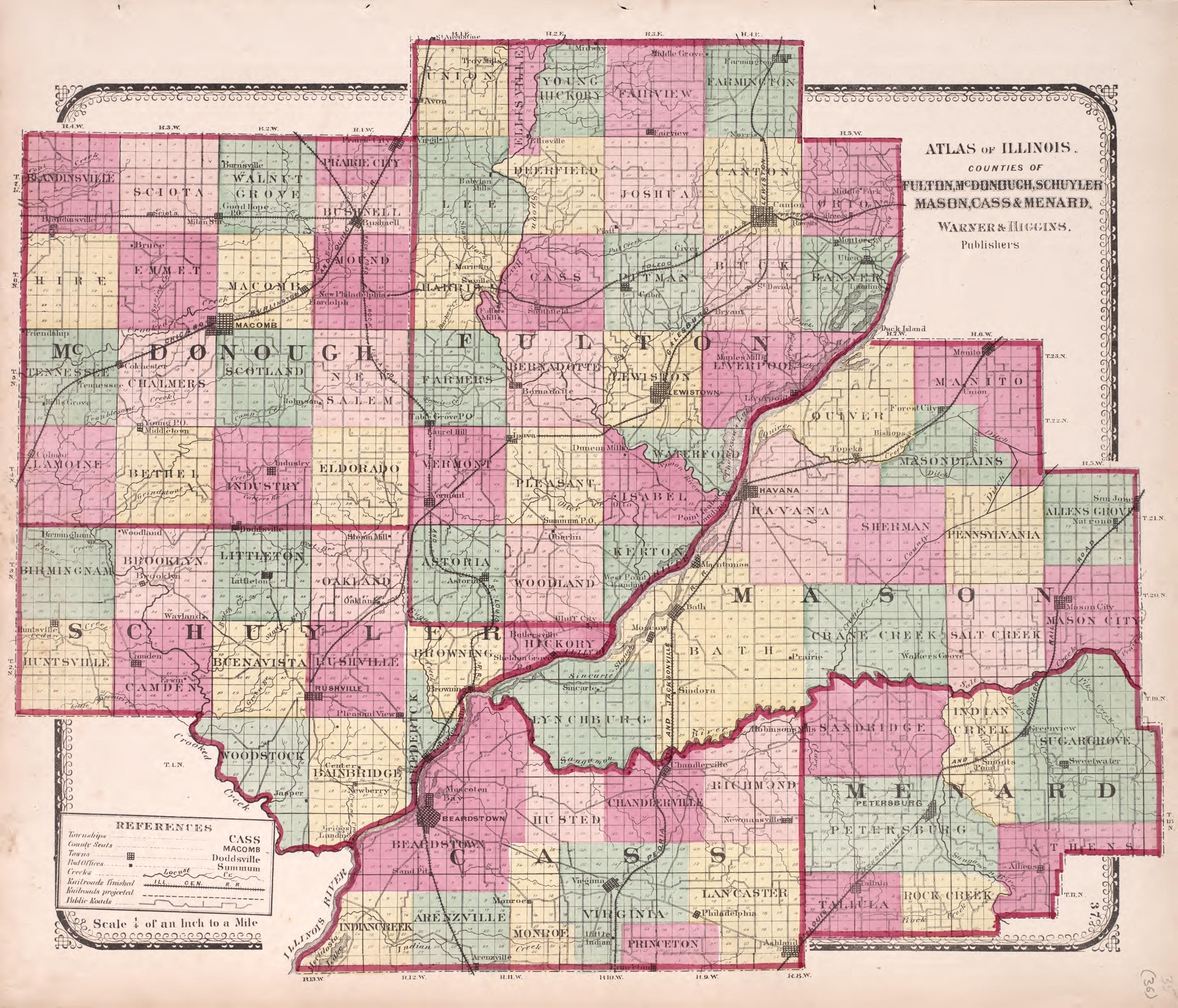 Fulton, McDonough,Schuyler, Mason, Cass & Menard from Atlas of Kendall County and the State of Illinois : to Which Is Added an Atlas of the United States, Maps of the Hemispheres &c. &c. &c 1870 by Relic Map Company
