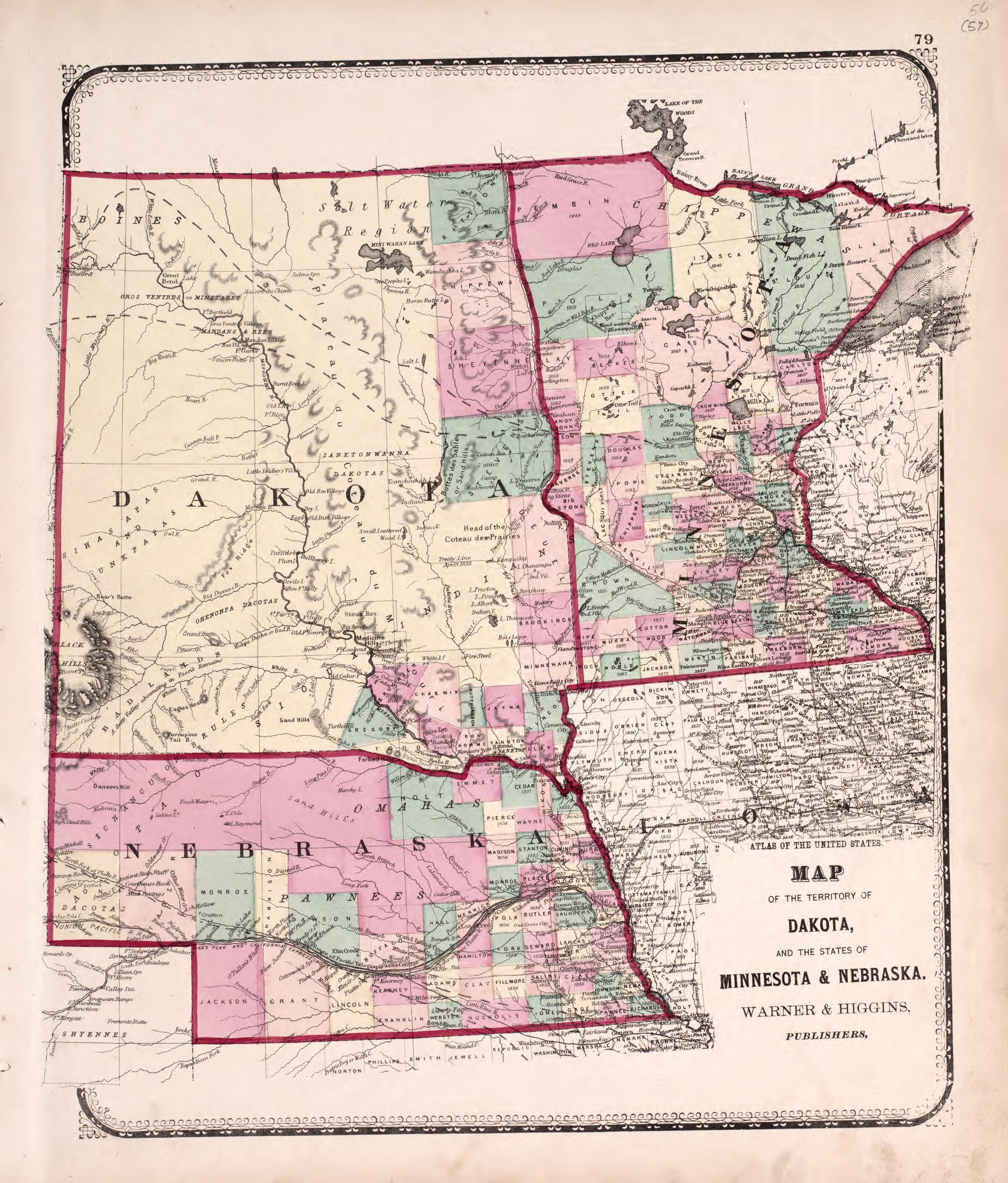 Territory of Dakota, States of Minnesota & Nebraska from Atlas of Kendall County and the State of Illinois : to Which Is Added an Atlas of the United States, Maps of the Hemispheres &c. &c. &c 1870 by Relic Map Company
