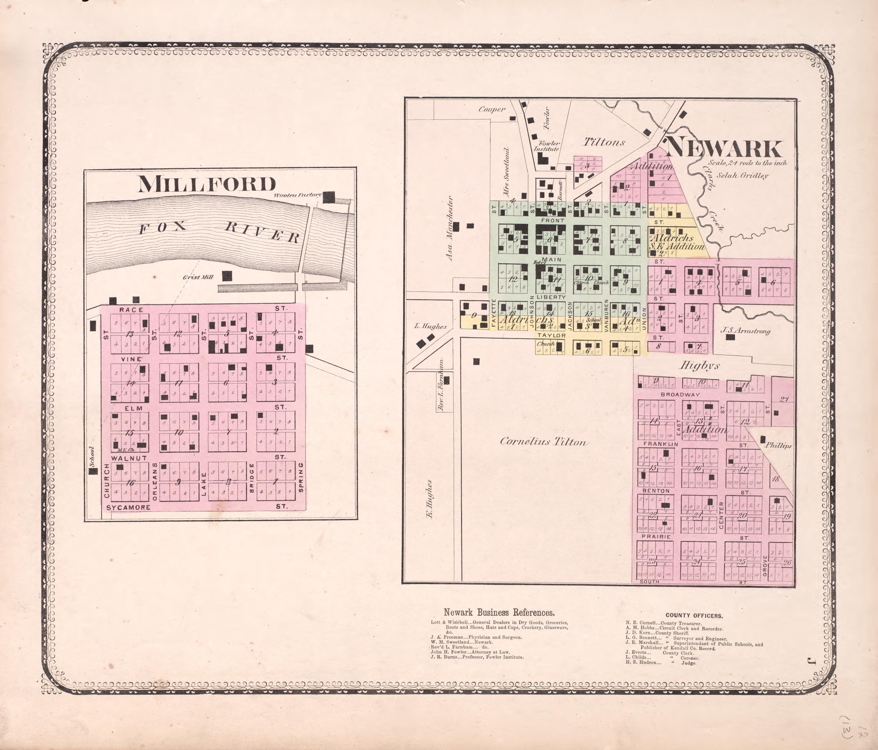 Millford; Newark from Atlas of Kendall County and the State of Illinois : to Which Is Added an Atlas of the United States, Maps of the Hemispheres &c. &c. &c 1870 by Relic Map Company