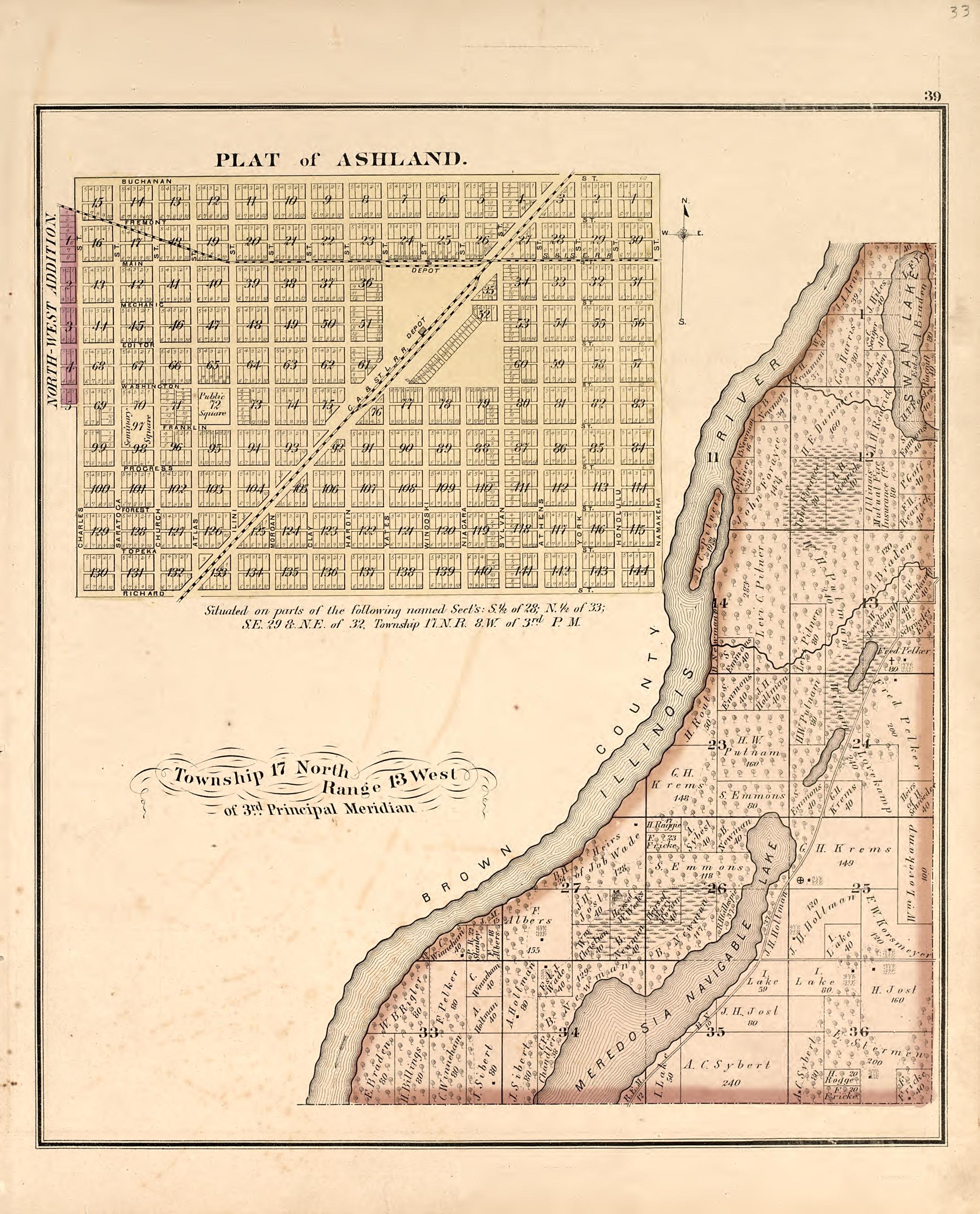 Plat of Ashland from Illustrated Atlas Map of Cass County, Illinois : Carefully Compiled from Personal Examinations and Surveys 1874 by Relic Map Company