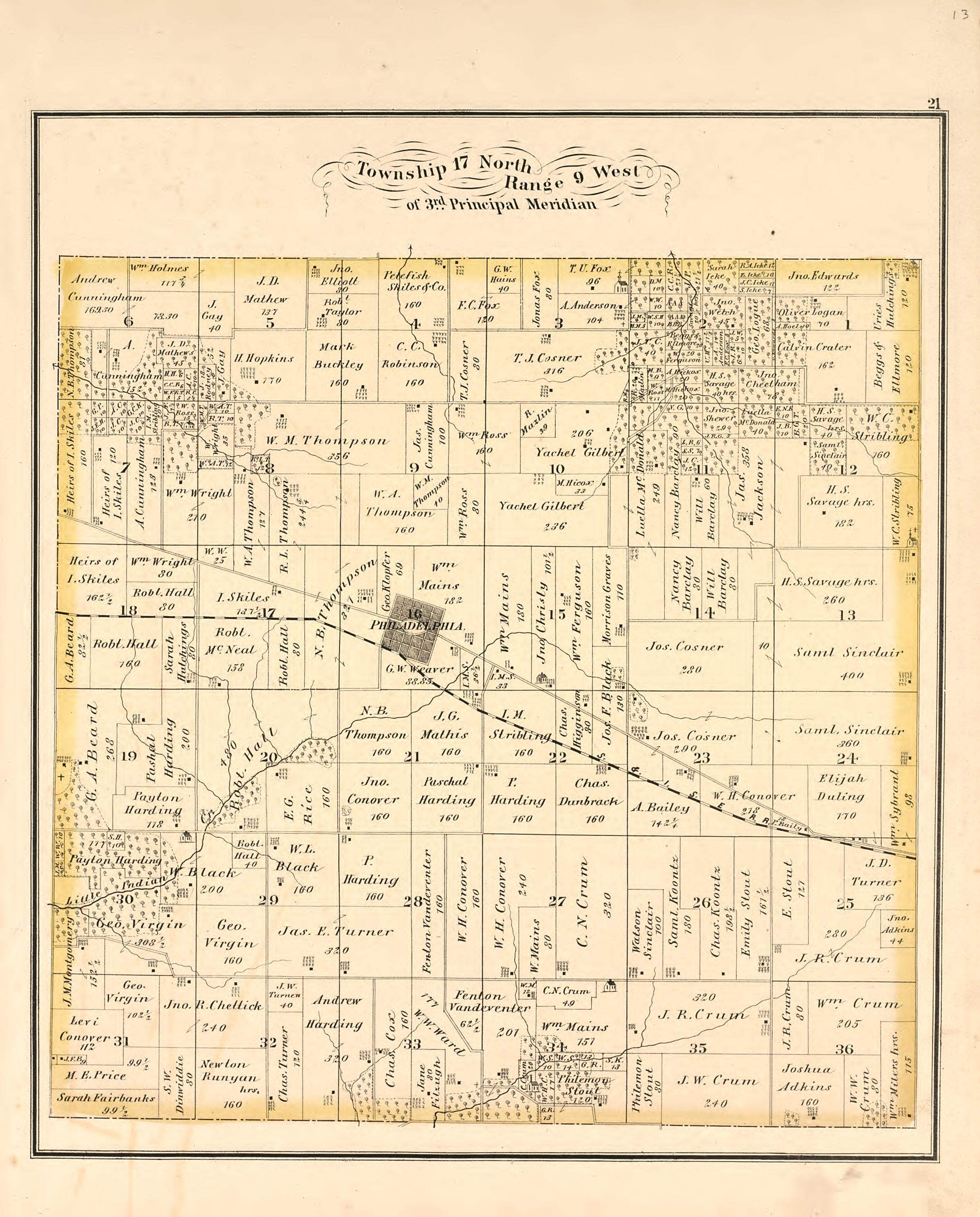 Township 17 North Range 9 West from Illustrated Atlas Map of Cass County, Illinois : Carefully Compiled from Personal Examinations and Surveys 1874 by Relic Map Company