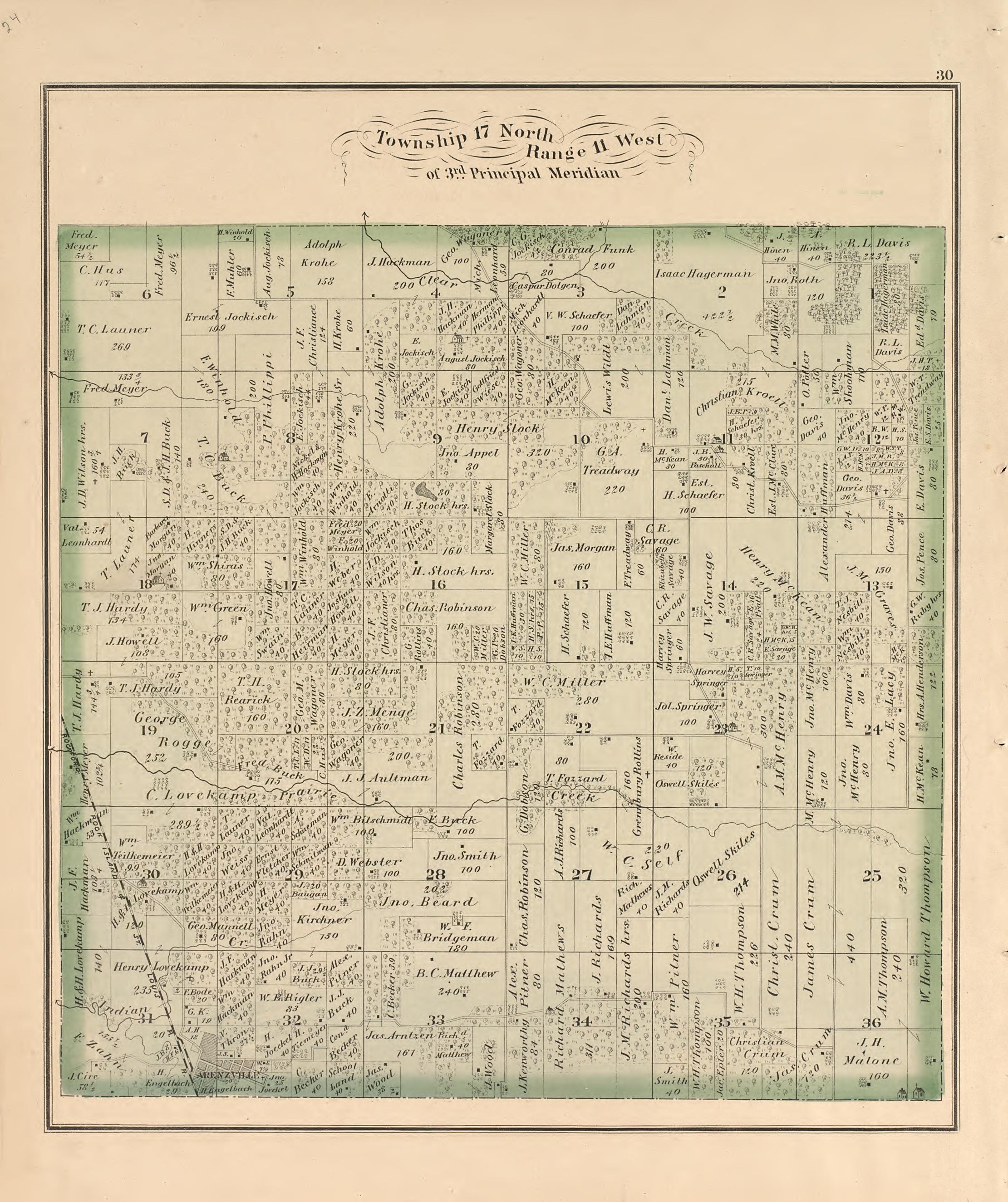 Township 17 North Range 11 West from Illustrated Atlas Map of Cass County, Illinois : Carefully Compiled from Personal Examinations and Surveys 1874 by Relic Map Company