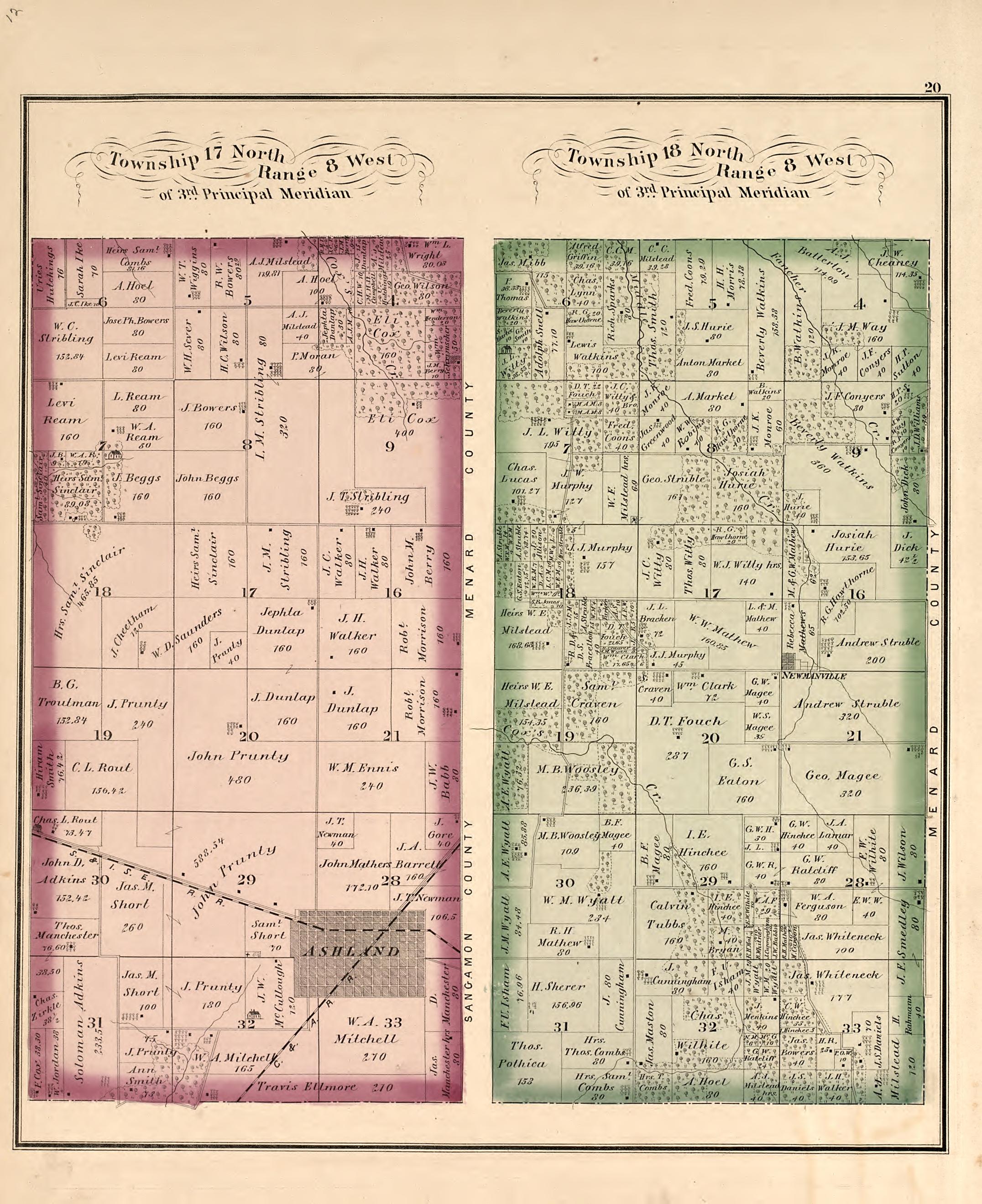 Township 17 North Range 8 West; Township 18 North Range 8 West from Illustrated Atlas Map of Cass County, Illinois : Carefully Compiled from Personal Examinations and Surveys 1874 by Relic Map Company