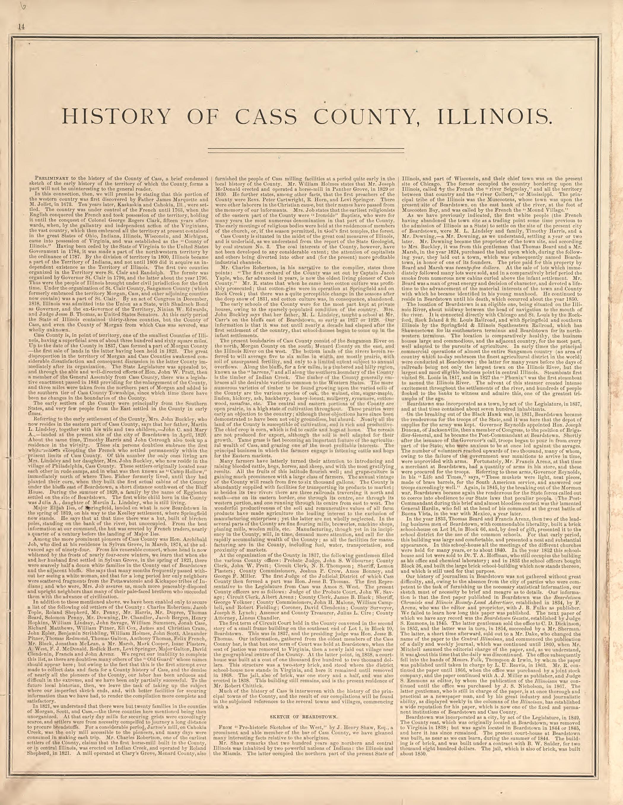 History of Cass County, Illinois from Illustrated Atlas Map of Cass County, Illinois : Carefully Compiled from Personal Examinations and Surveys 1874 by Relic Map Company