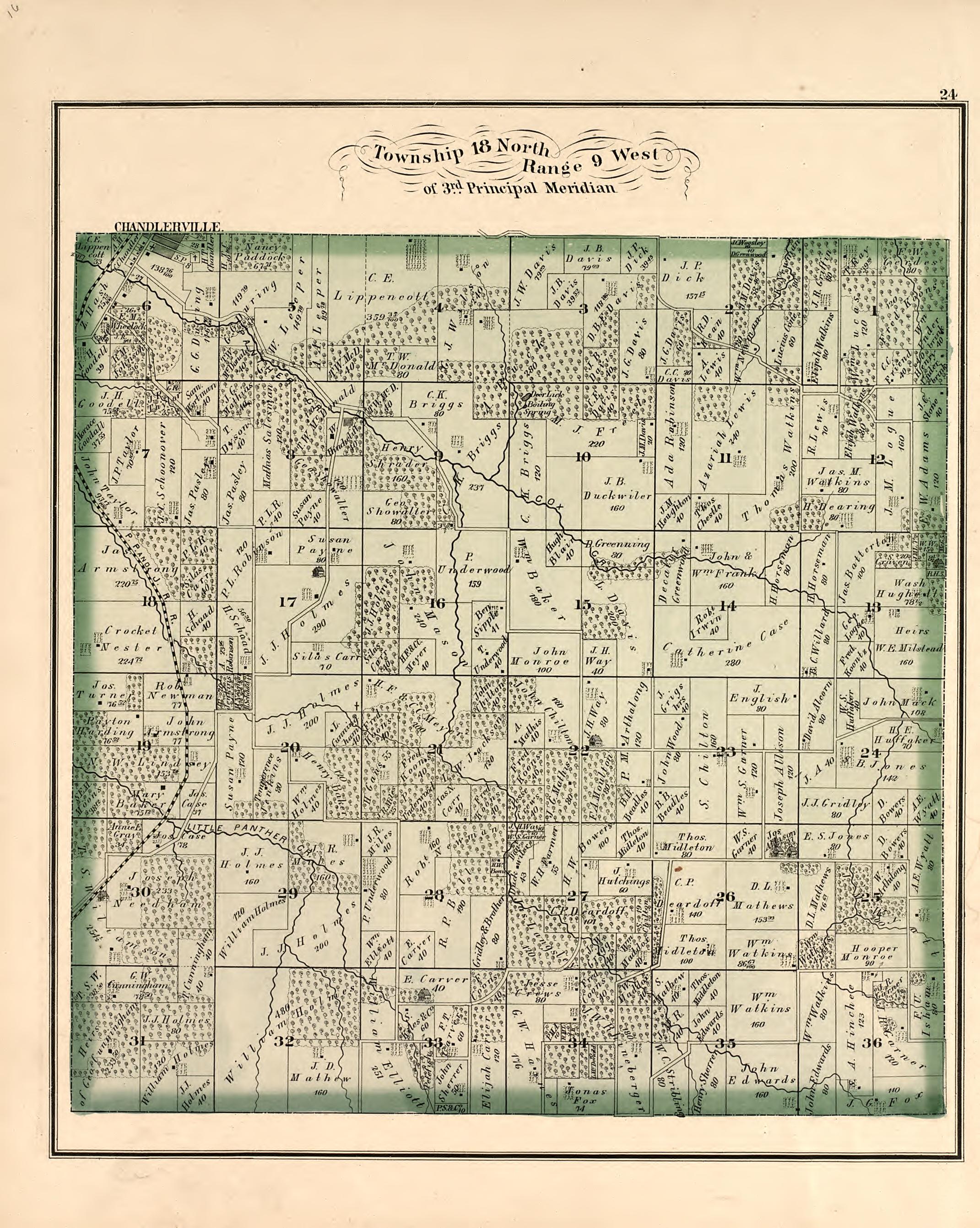 Township 18 North Range 9 West from Illustrated Atlas Map of Cass County, Illinois : Carefully Compiled from Personal Examinations and Surveys 1874 by Relic Map Company