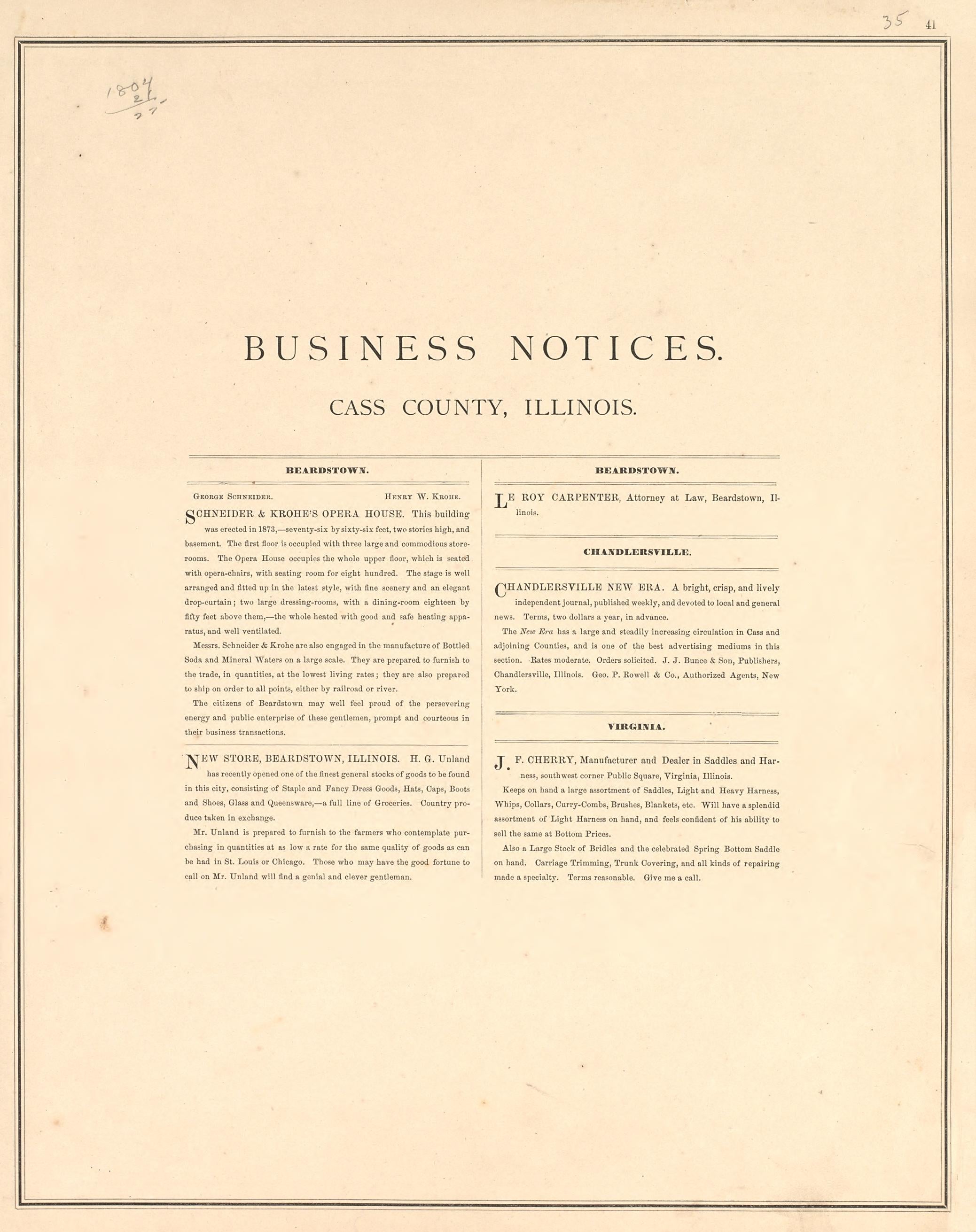 Business Notices, Cass County, Illinois from Illustrated Atlas Map of Cass County, Illinois : Carefully Compiled from Personal Examinations and Surveys 1874 by Relic Map Company