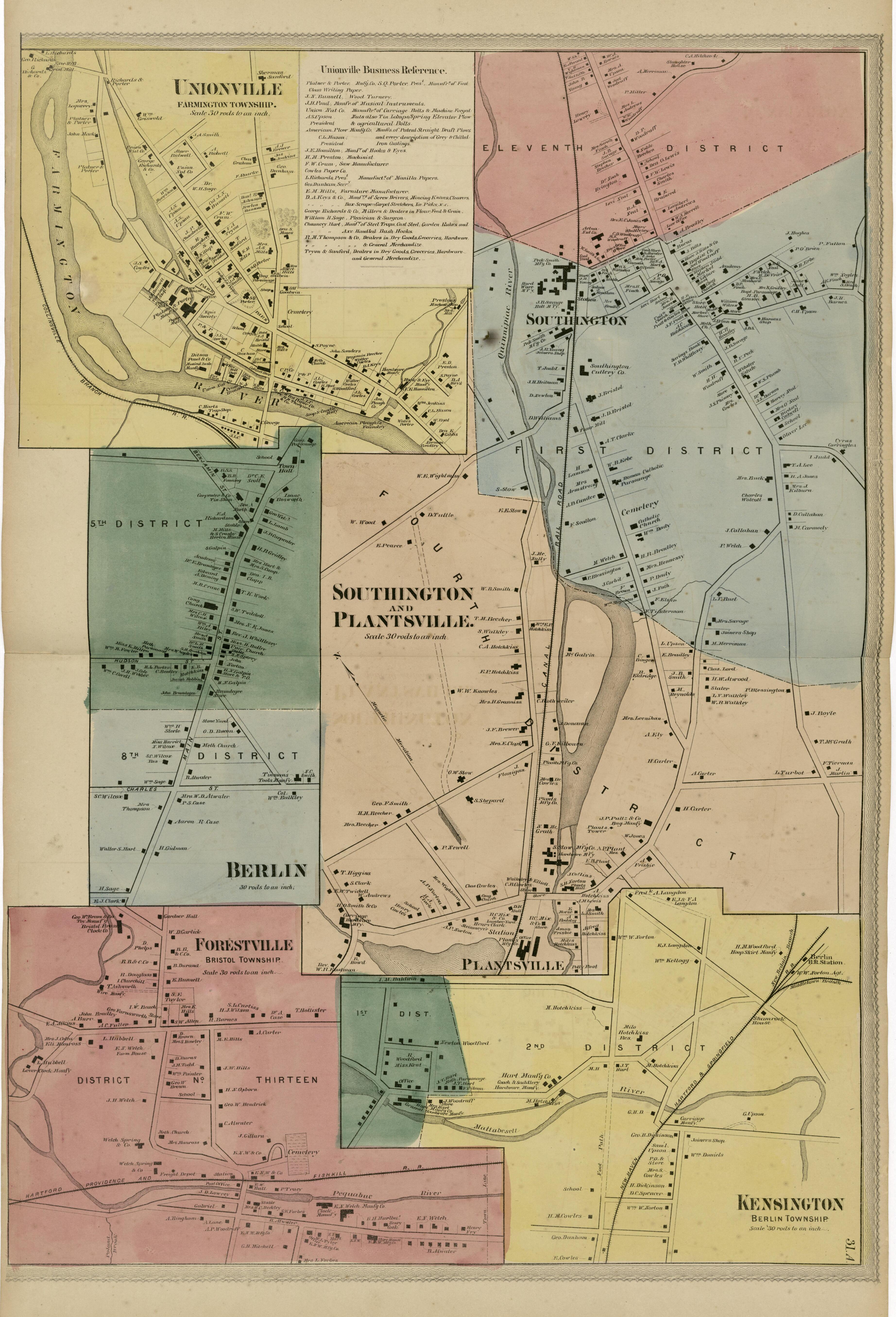 Unionville; Southington and Plantsville; Berlin; Forestville; Kensington from Atlas of Hartford and Tolland Counties : With a Map of Connecticut, from Actual Surveys 1869 by Relic Map Company