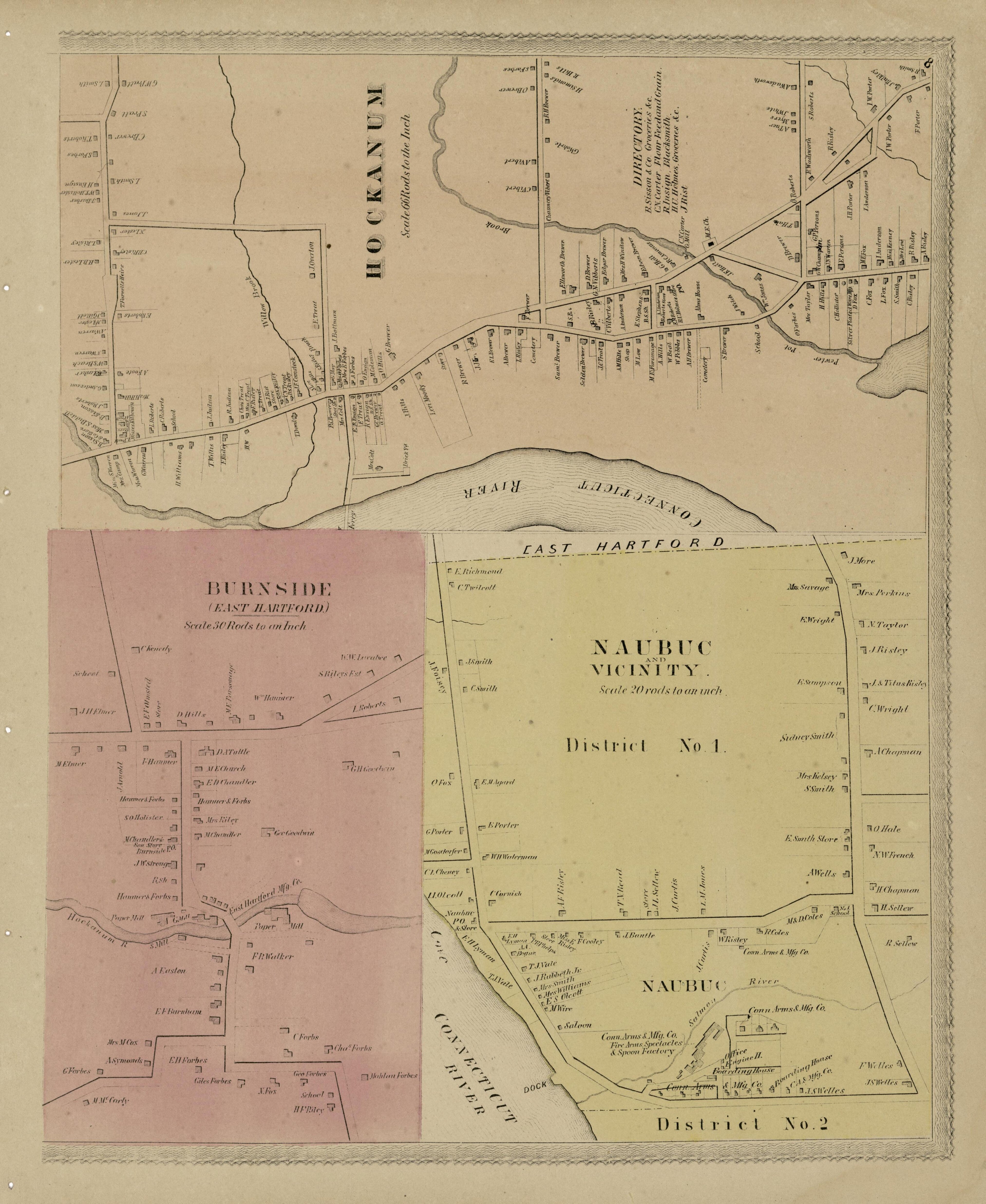 Hockanum; Burnside; Naubuc and Vicinity from Atlas of Hartford and Tolland Counties : With a Map of Connecticut, from Actual Surveys 1869 by Relic Map Company