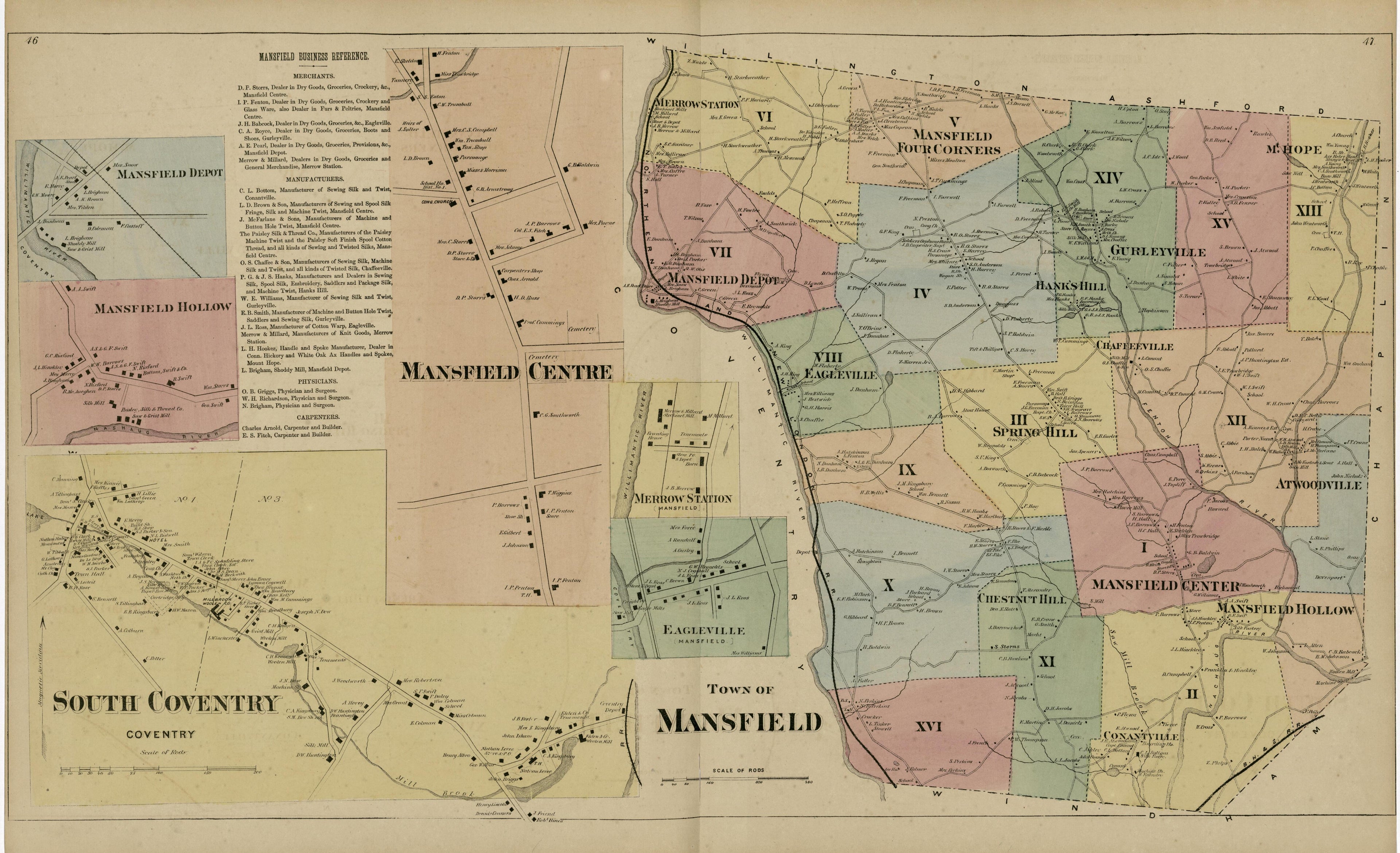 Mansfield Centre; South Coventry; Town of Mansfield from Atlas of Hartford and Tolland Counties : With a Map of Connecticut, from Actual Surveys 1869 by Relic Map Company