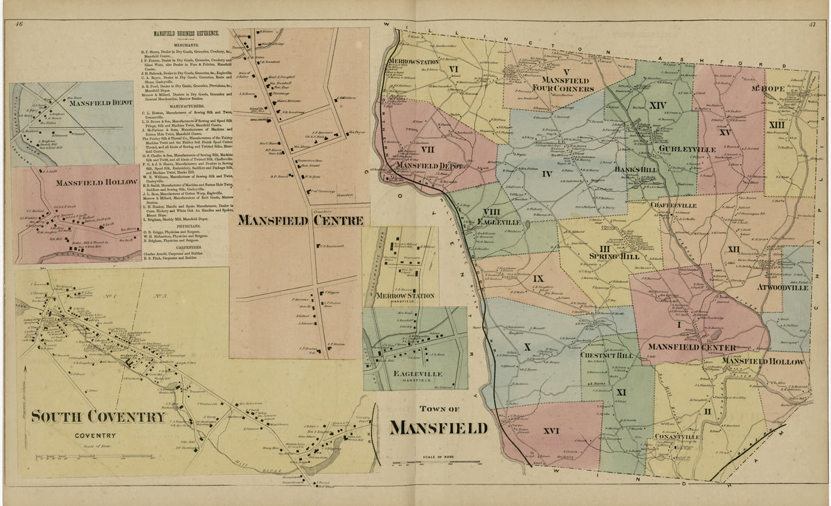 Mansfield Centre; South Coventry; Town of Mansfield from Atlas of Hartford and Tolland Counties : With a Map of Connecticut, from Actual Surveys 1869 by Relic Map Company