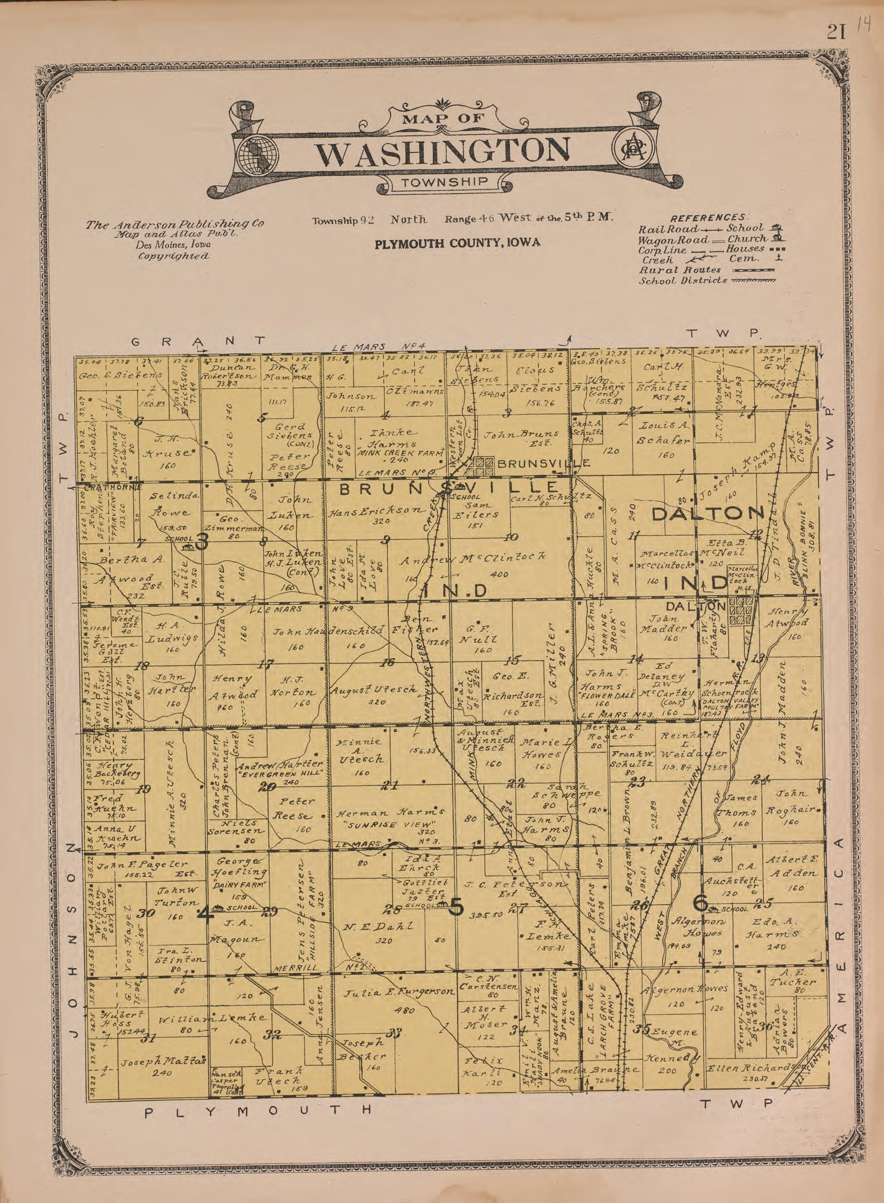 Washington Township from Atlas of Plymouth County, Iowa : Containing Maps of Townships of the County, Maps of State, United States and World : Farmers Directory 1921 by Relic Map Company