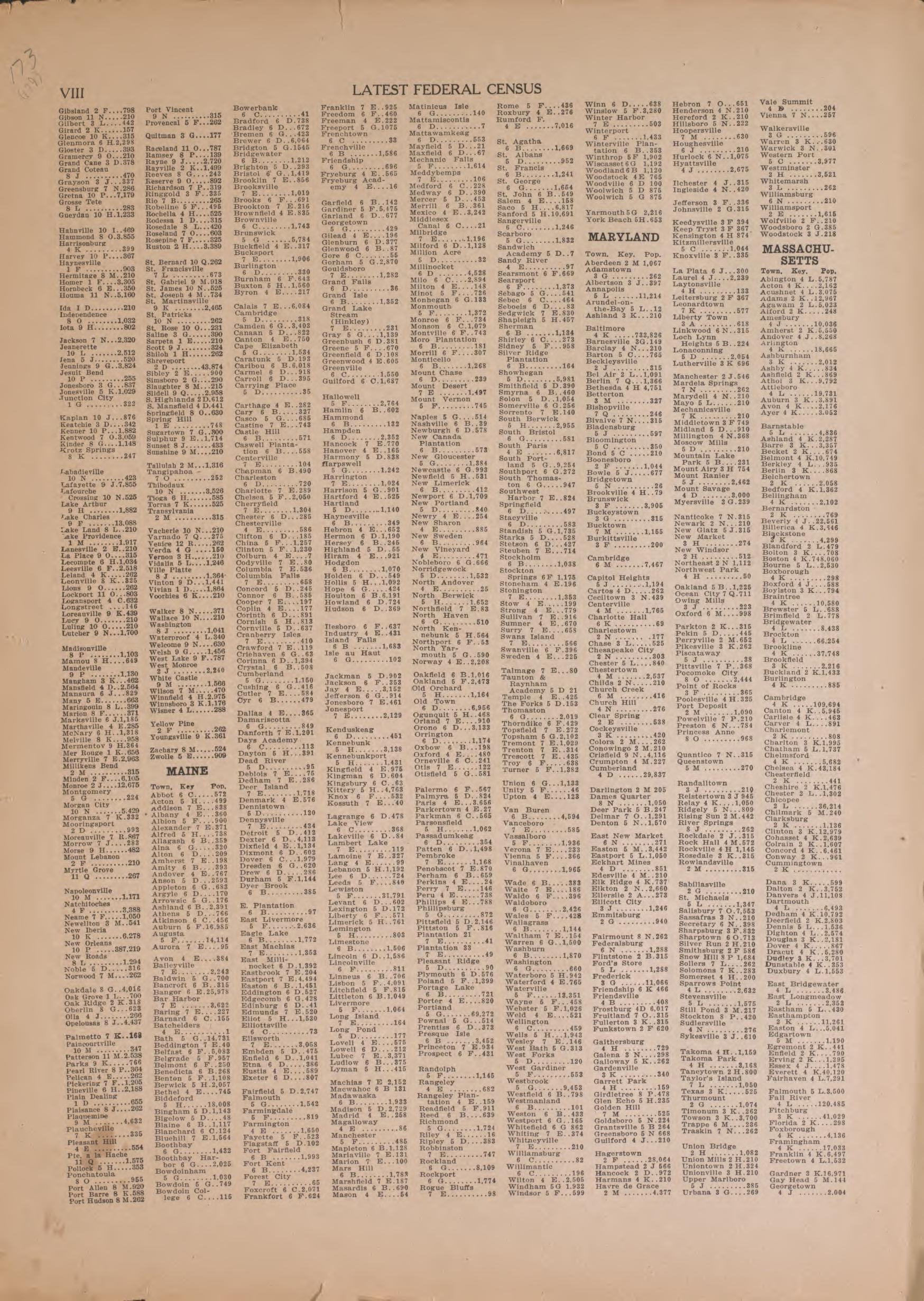 Latest Federal Census--continued from Atlas of Plymouth County, Iowa : Containing Maps of Townships of the County, Maps of State, United States and World : Farmers Directory 1921 by Relic Map Company
