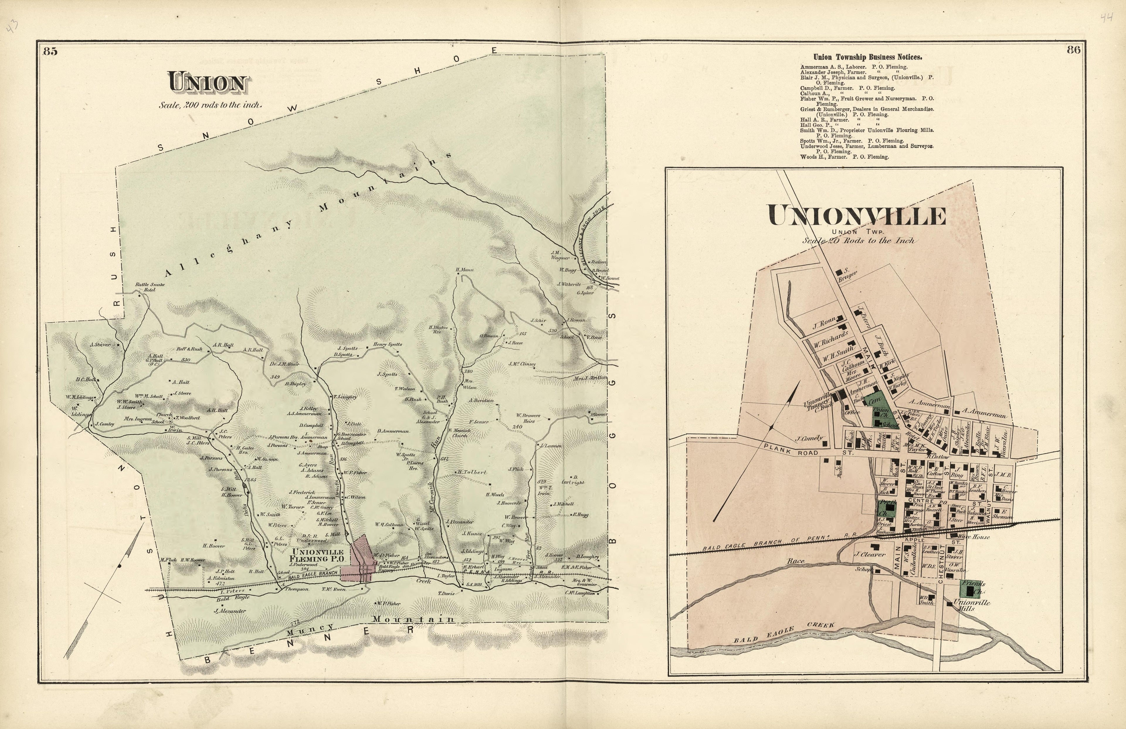 Union; Unionville from Atlas of Centre County, Pennsylvania 1874 by Relic Map Company
