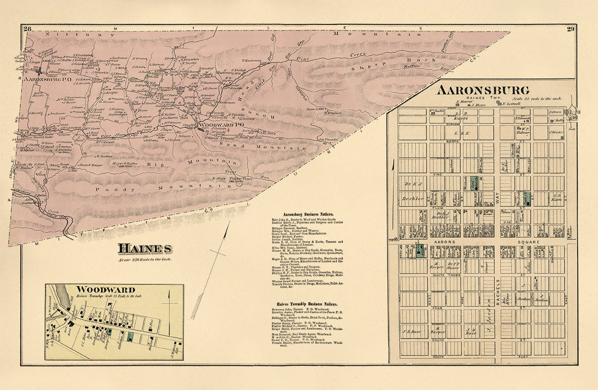 Haines; Aaronsburg; Woodward from Atlas of Centre County, Pennsylvania 1874 by Relic Map Company