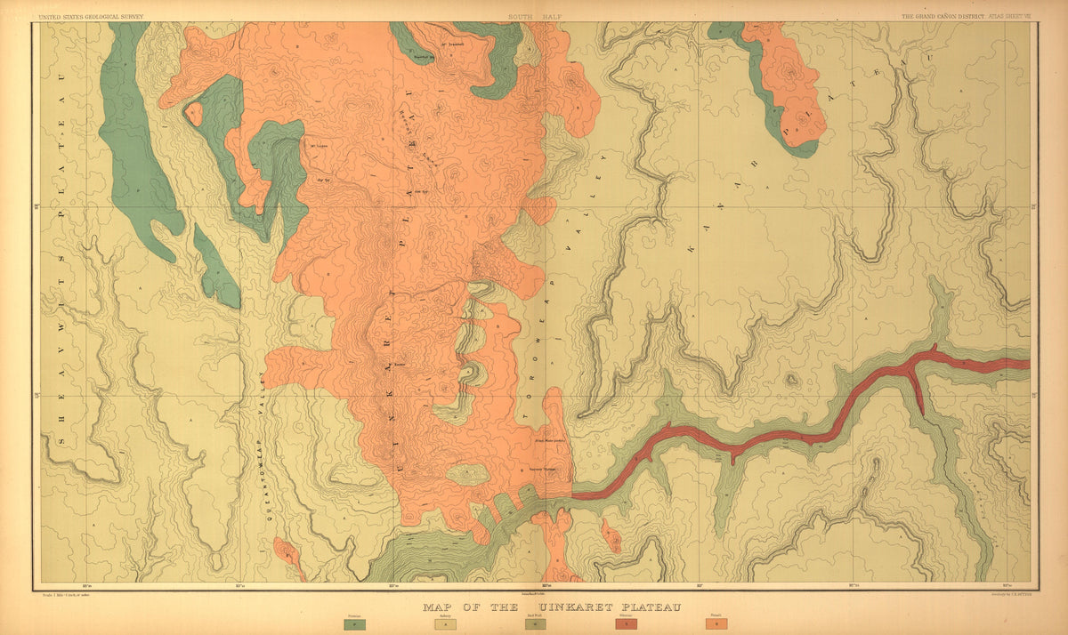 Sheet VIII - Map of the Uinkaret Plateau from Tertiary History of the Grand Cañon District, With Atlas 1882 by Relic Map Company