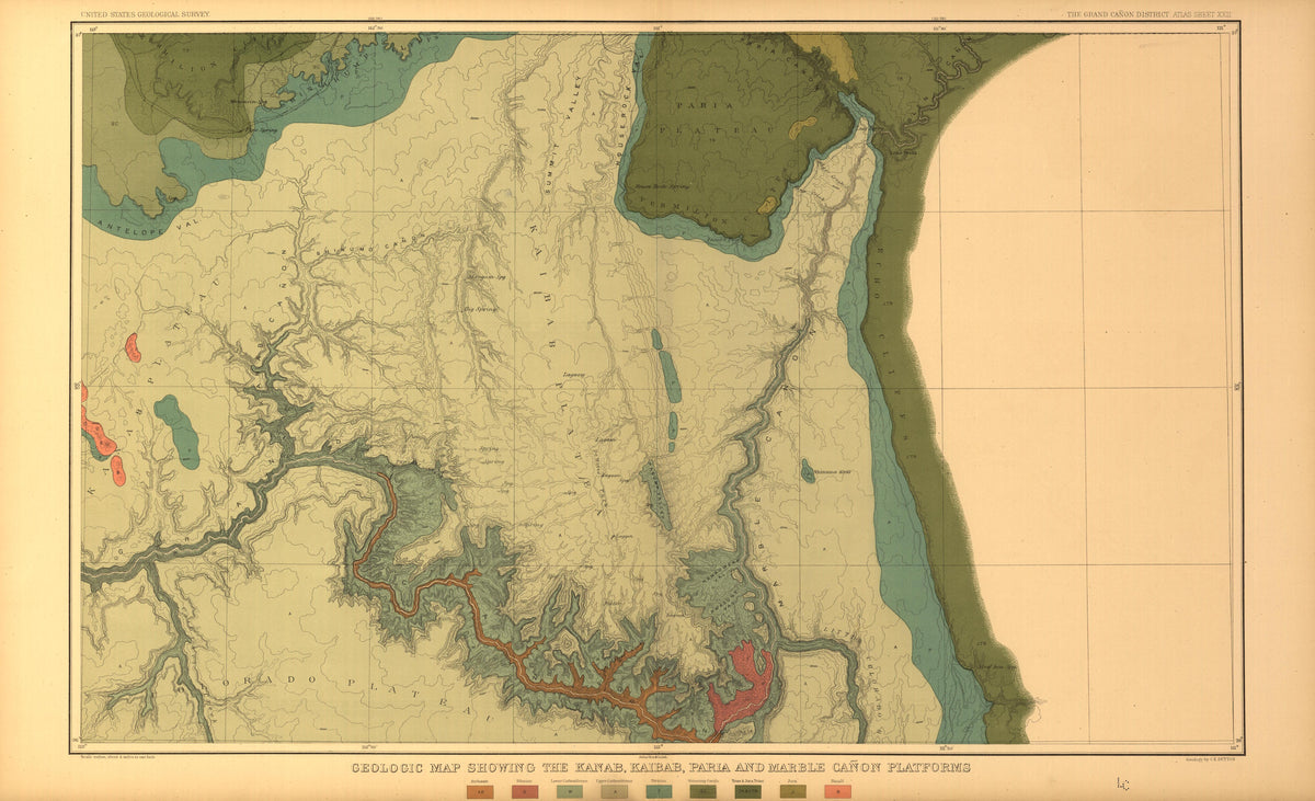 Sheet XXII - the Kanab, Kaibab, Paria and Marble Canon Platforms from Tertiary History of the Grand Cañon District, With Atlas 1882 by Relic Map Company