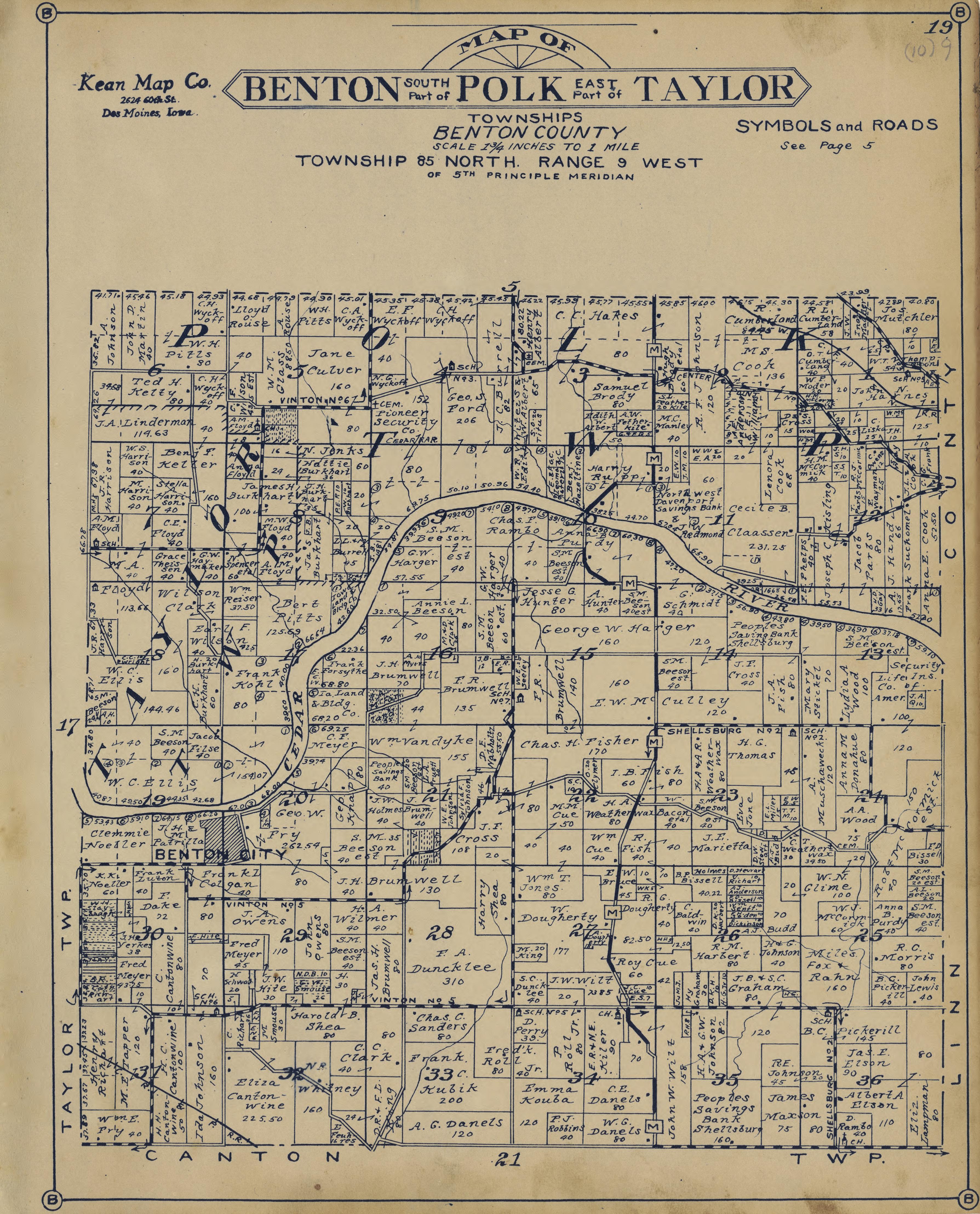 Benton, South Part of Polk, and East Part of Taylor Townships from Atlas of Benton County, Iowa 1930 by Relic Map Company