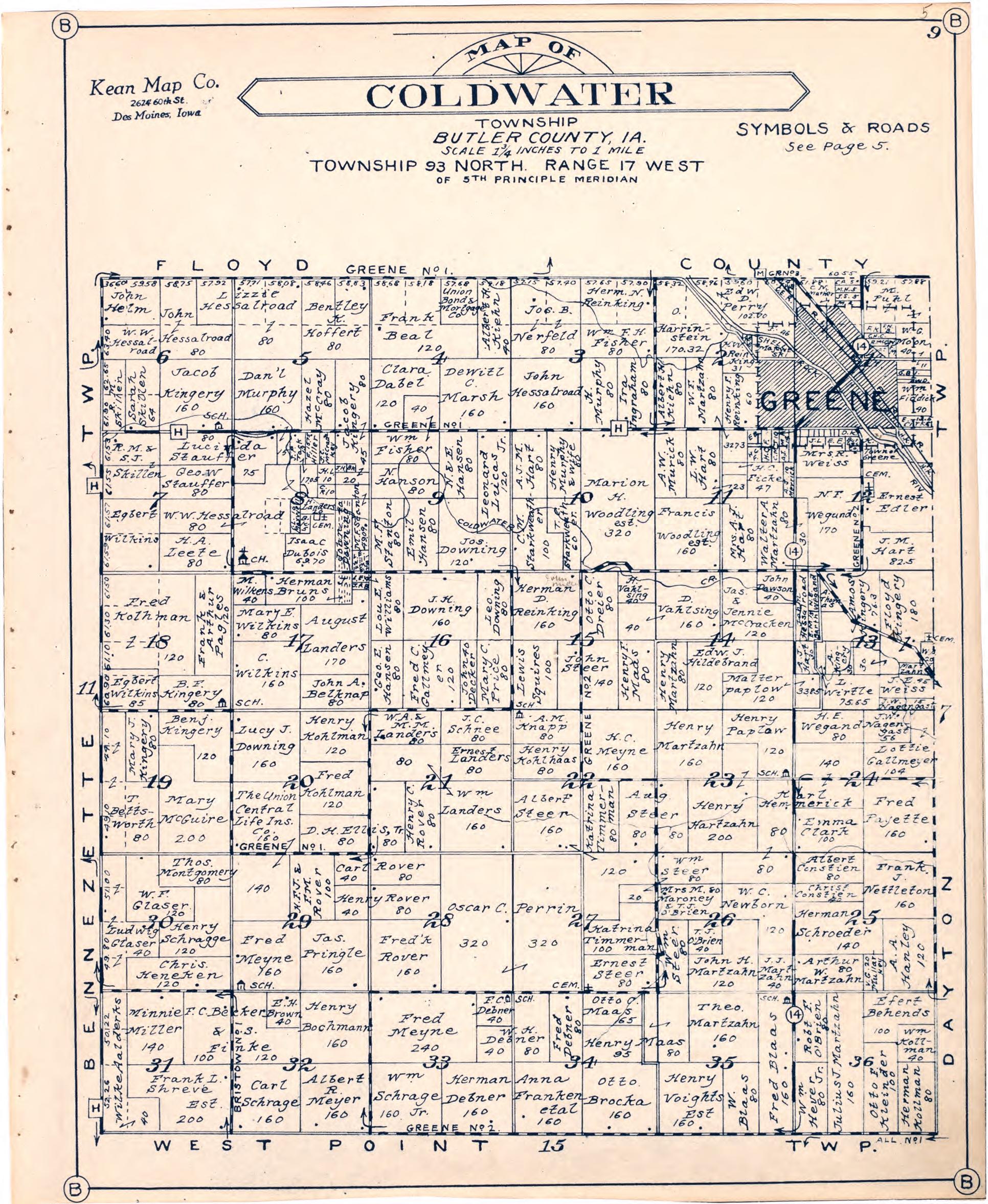 Map of Coldwater Township Butler County, Iowa from Atlas of Butler County, Iowa 1930 by Relic Map Company