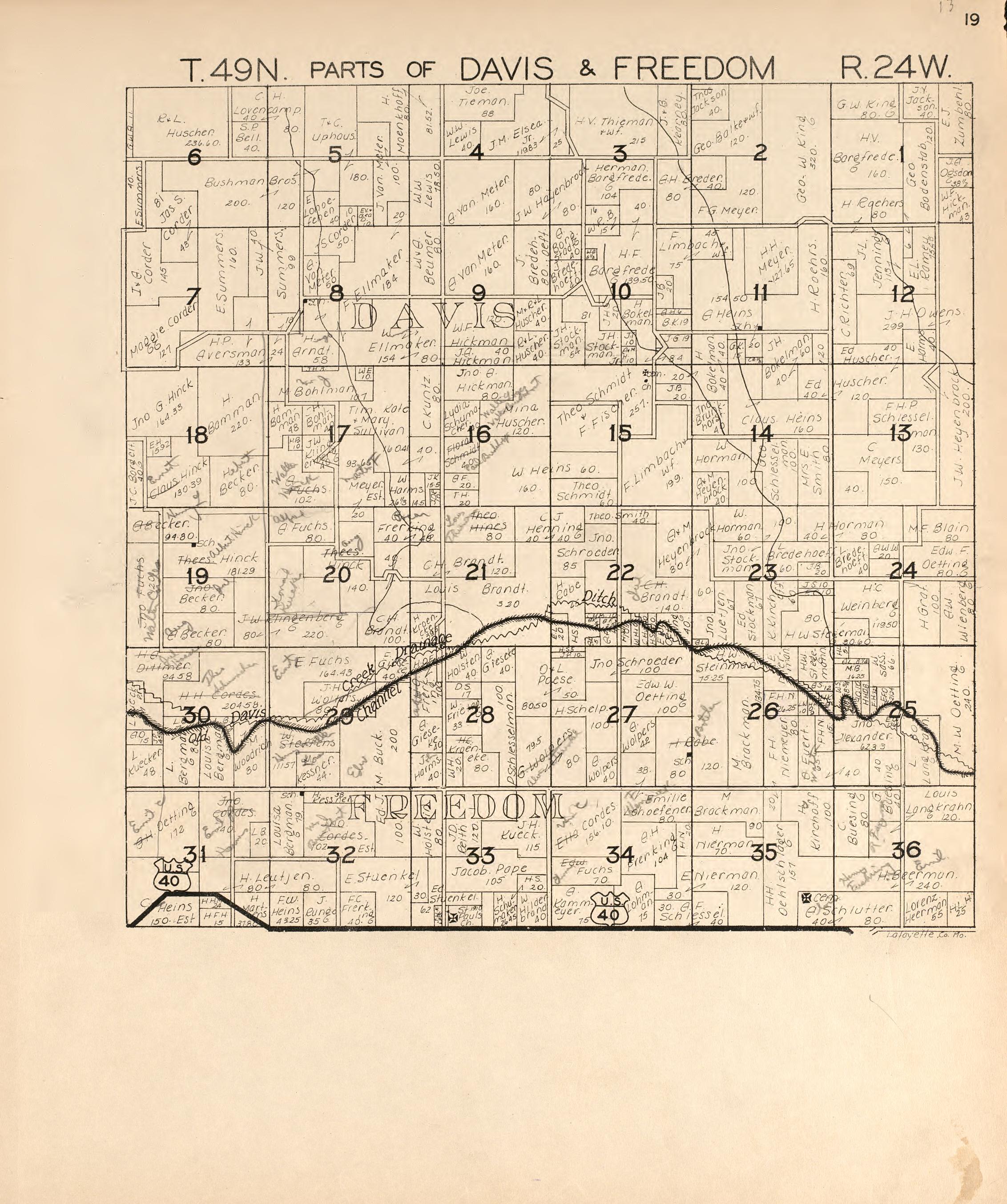 Davis and Freedom from Atlas of Lafayette County, Missouri 1920 by Relic Map Company