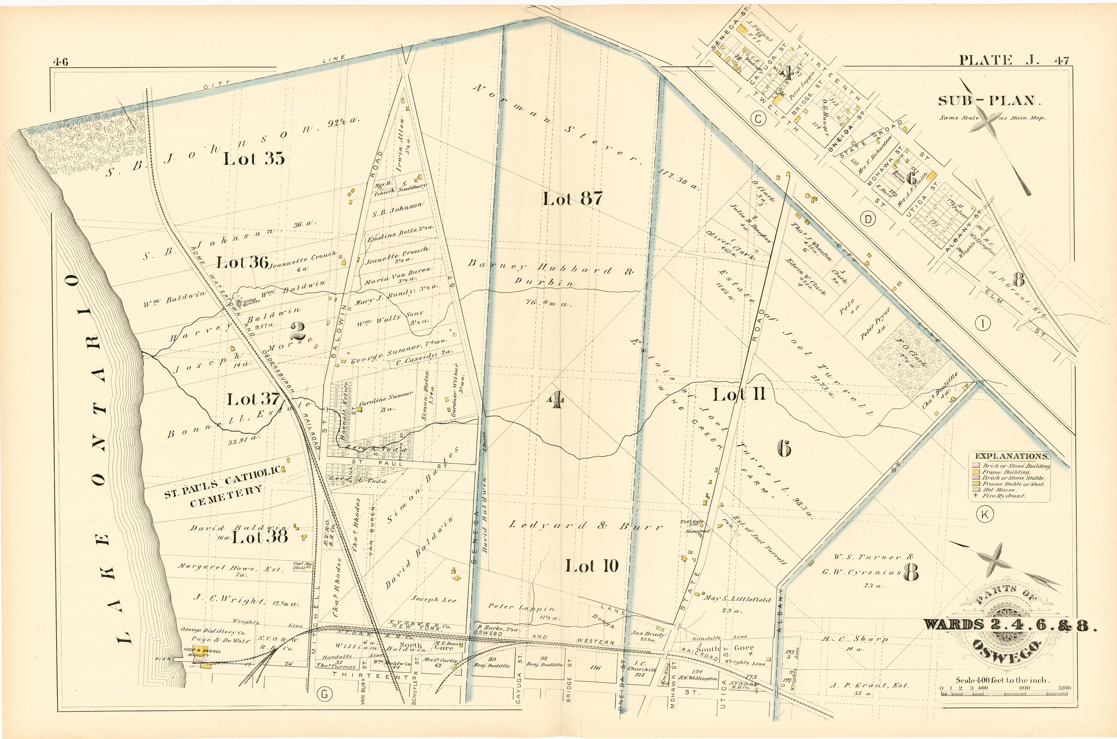 Parts of Wards 2. 4. 6. & 8. Plate J. from City Atlas of Oswego, New York : from Official Records, Private Plans and Actual Surveys 1880 by Relic Map Company