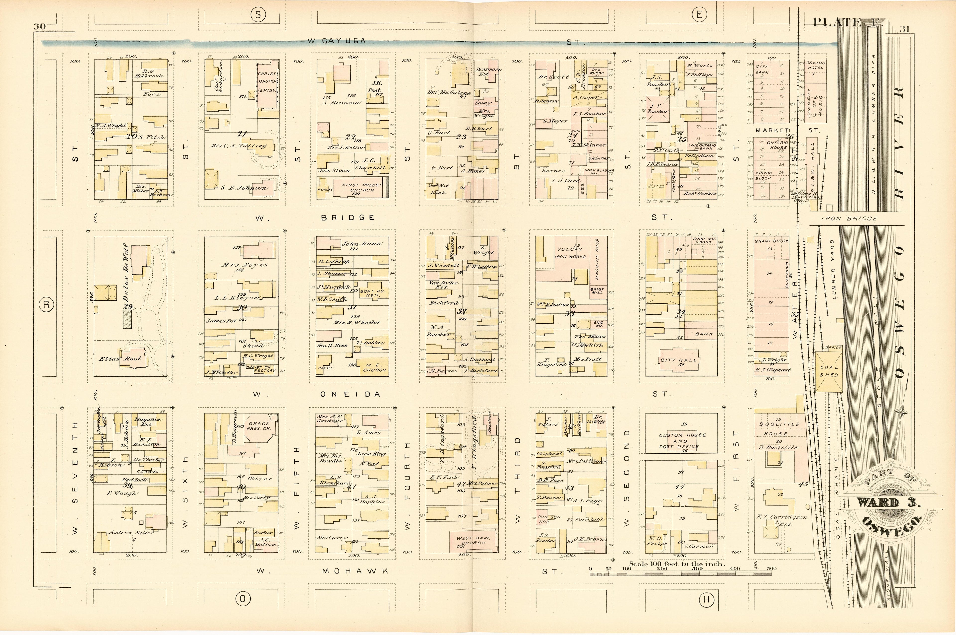 Part of Ward 3. Oswego. Plate F. from City Atlas of Oswego, New York : from Official Records, Private Plans and Actual Surveys 1880 by Relic Map Company