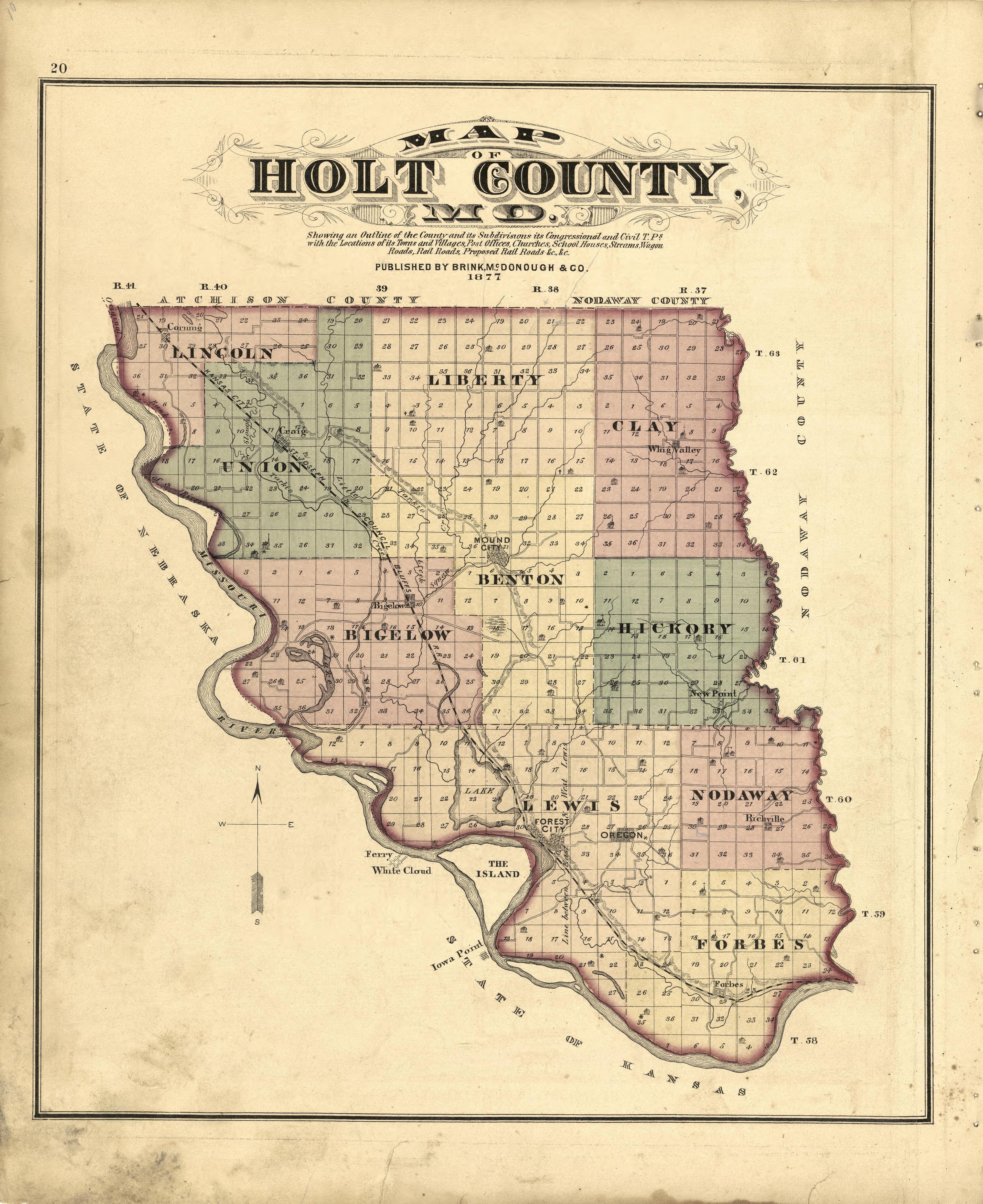 This old map of Holt County, Missouri, was created by Brink, McDonough & Co in 1877