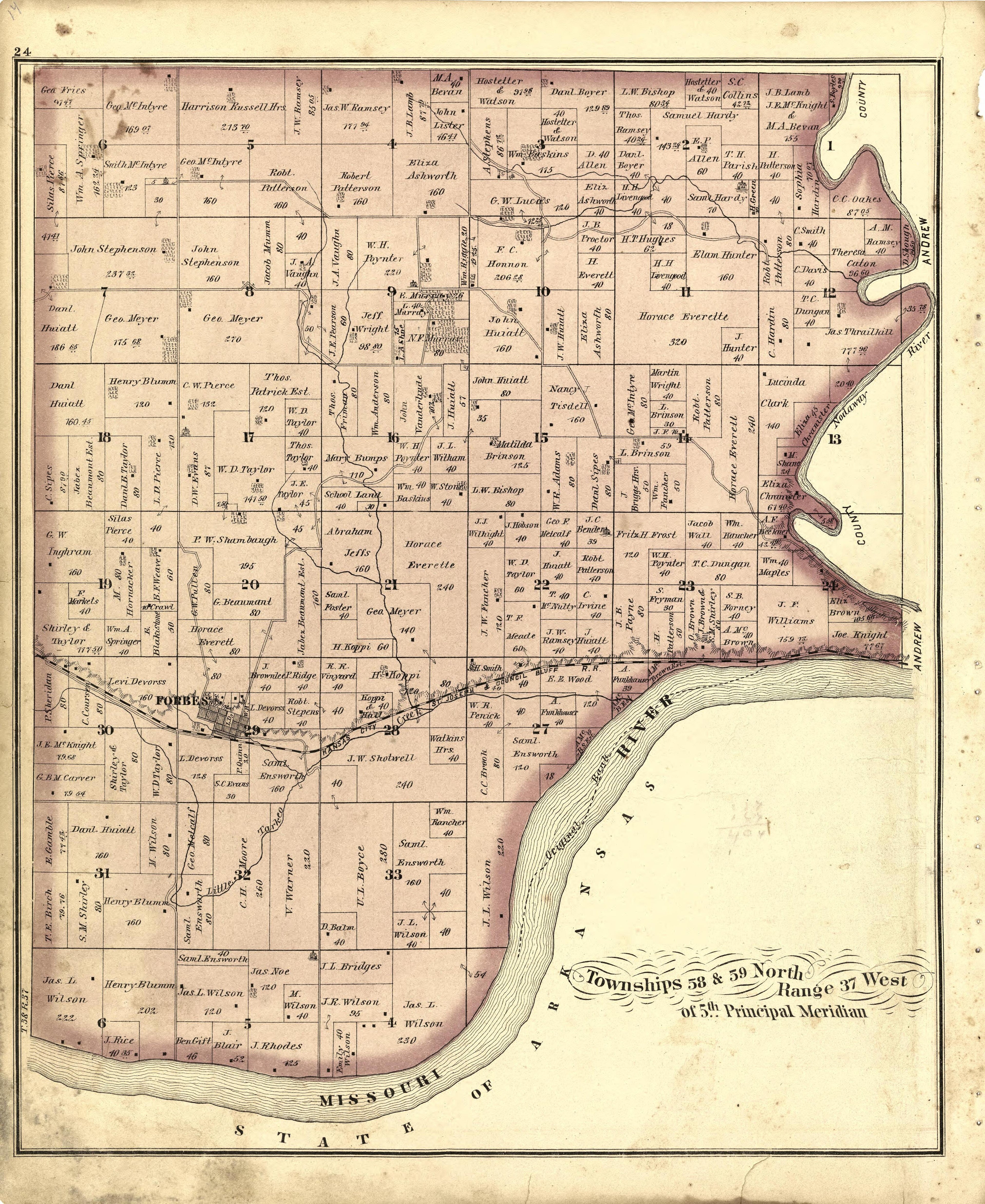 Township 58 & 59 North Range 37 West of 5th Principal Meridian from an Illustrated Historical Atlas Map of Holt County, Mo. : Carefully Compiled from Personal Examinations and Surveys 1877 by Relic Map Company