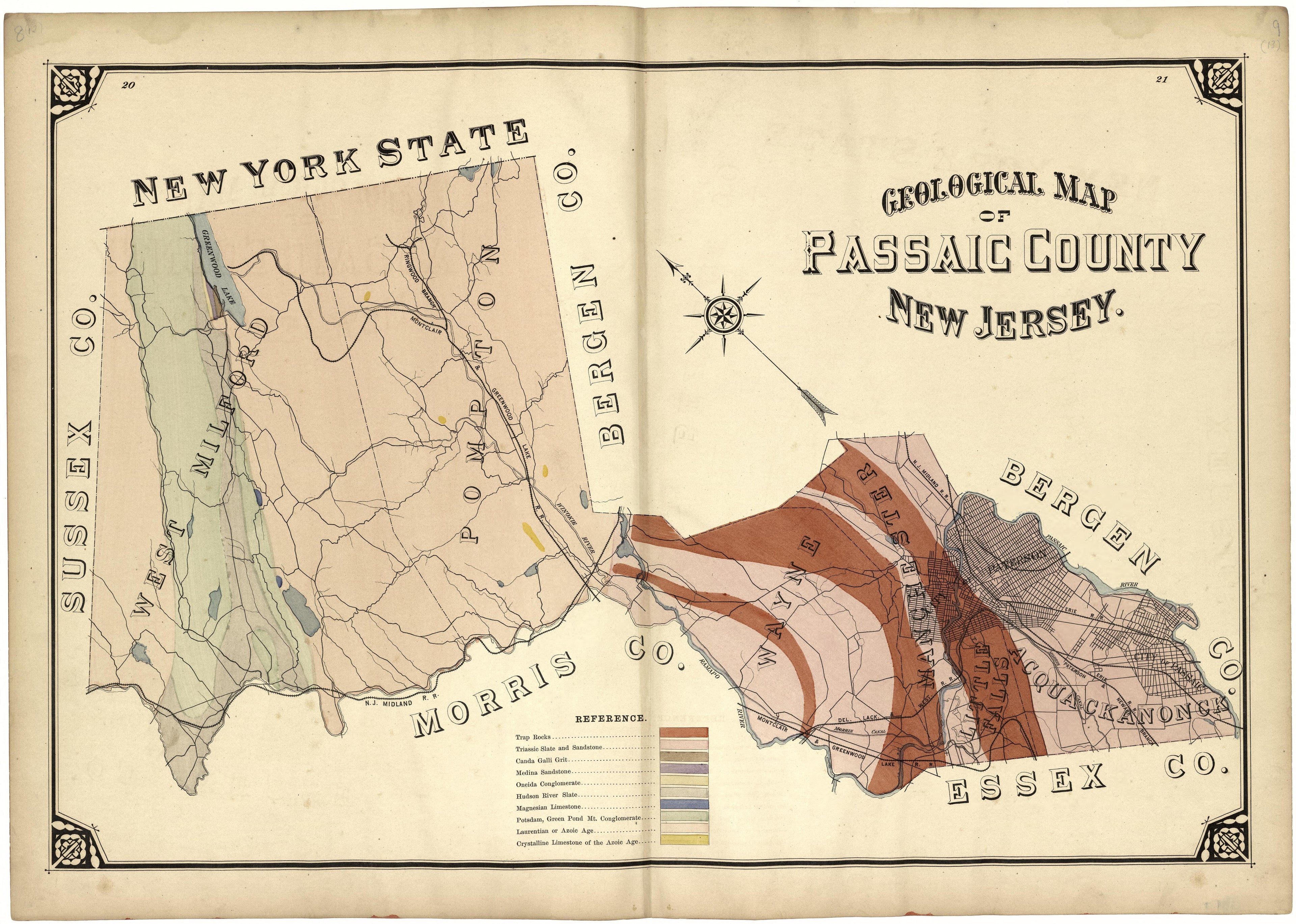 Geological Map of Passaic County, New Jersey from Atlas of Passaic County, New-Jersey : from Actual Surveys of Each Township and Village Under the Supervision of the Publishers, Assisted by Able Engineers of Paterson 1877 by Relic Map Company