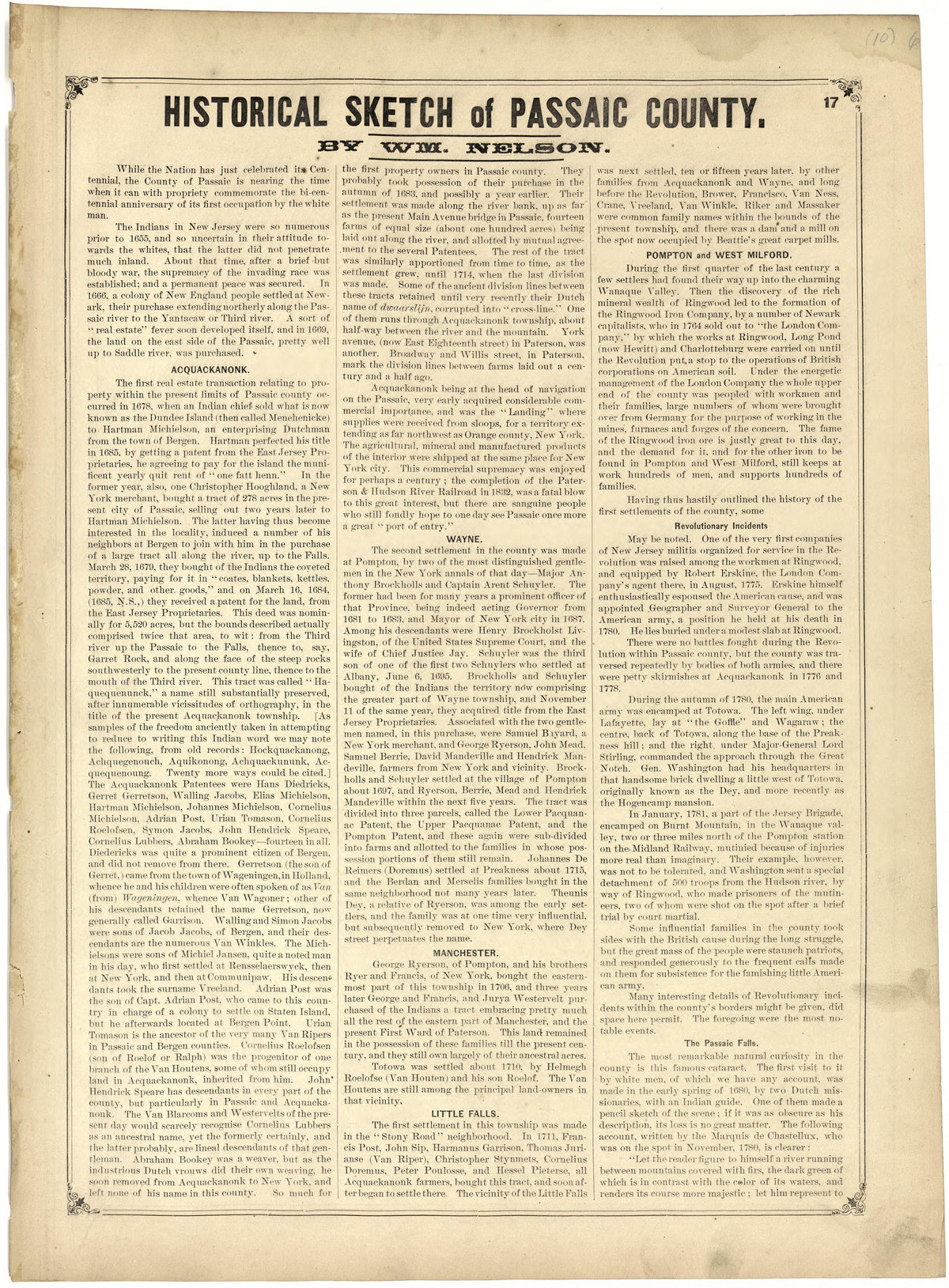 Historical Sketch of Passaic County from Atlas of Passaic County, New-Jersey : from Actual Surveys of Each Township and Village Under the Supervision of the Publishers, Assisted by Able Engineers of Paterson 1877 by Relic Map Company