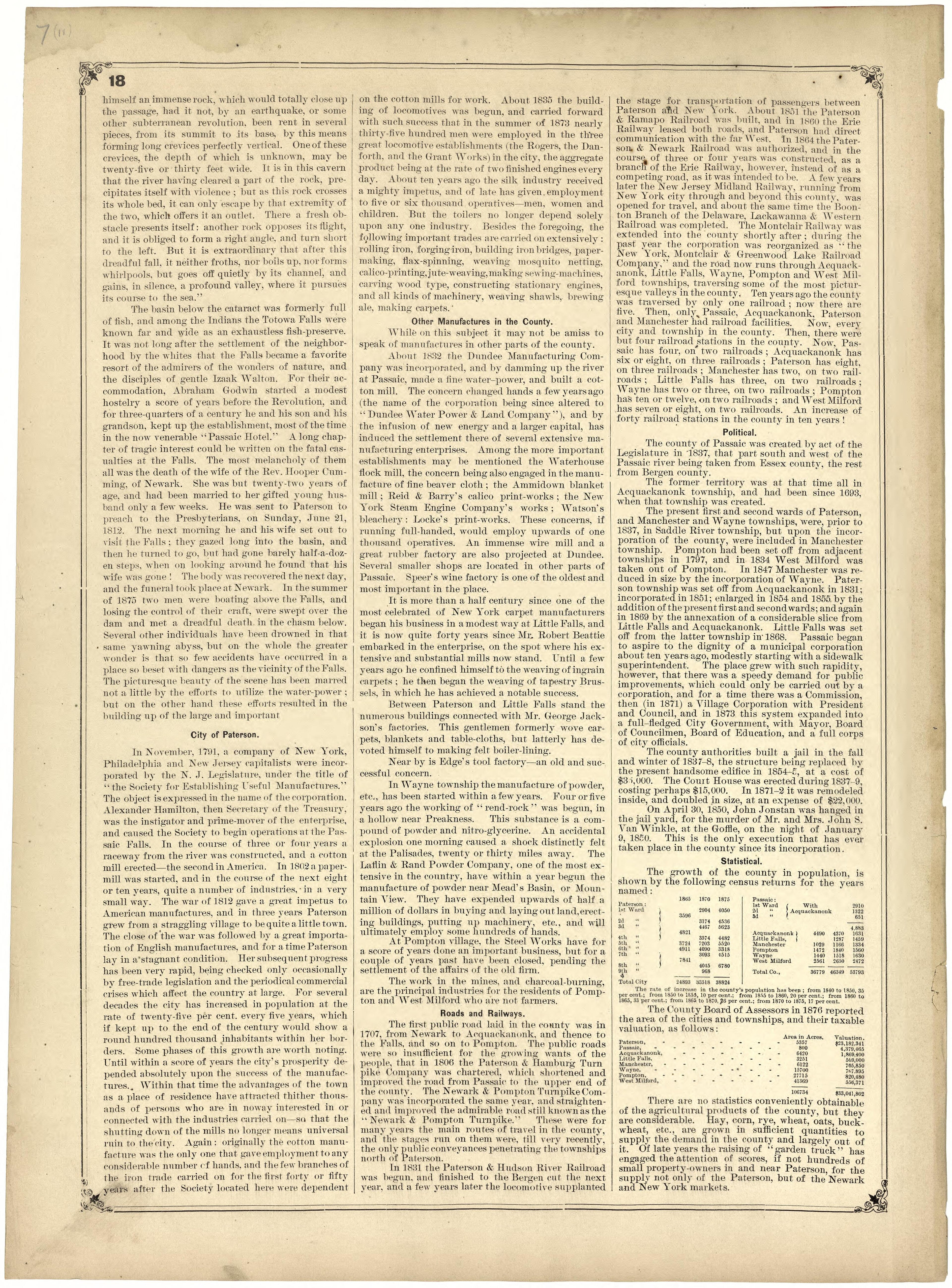 Historical Sketch of Passaic County from Atlas of Passaic County, New-Jersey : from Actual Surveys of Each Township and Village Under the Supervision of the Publishers, Assisted by Able Engineers of Paterson 1877 by Relic Map Company