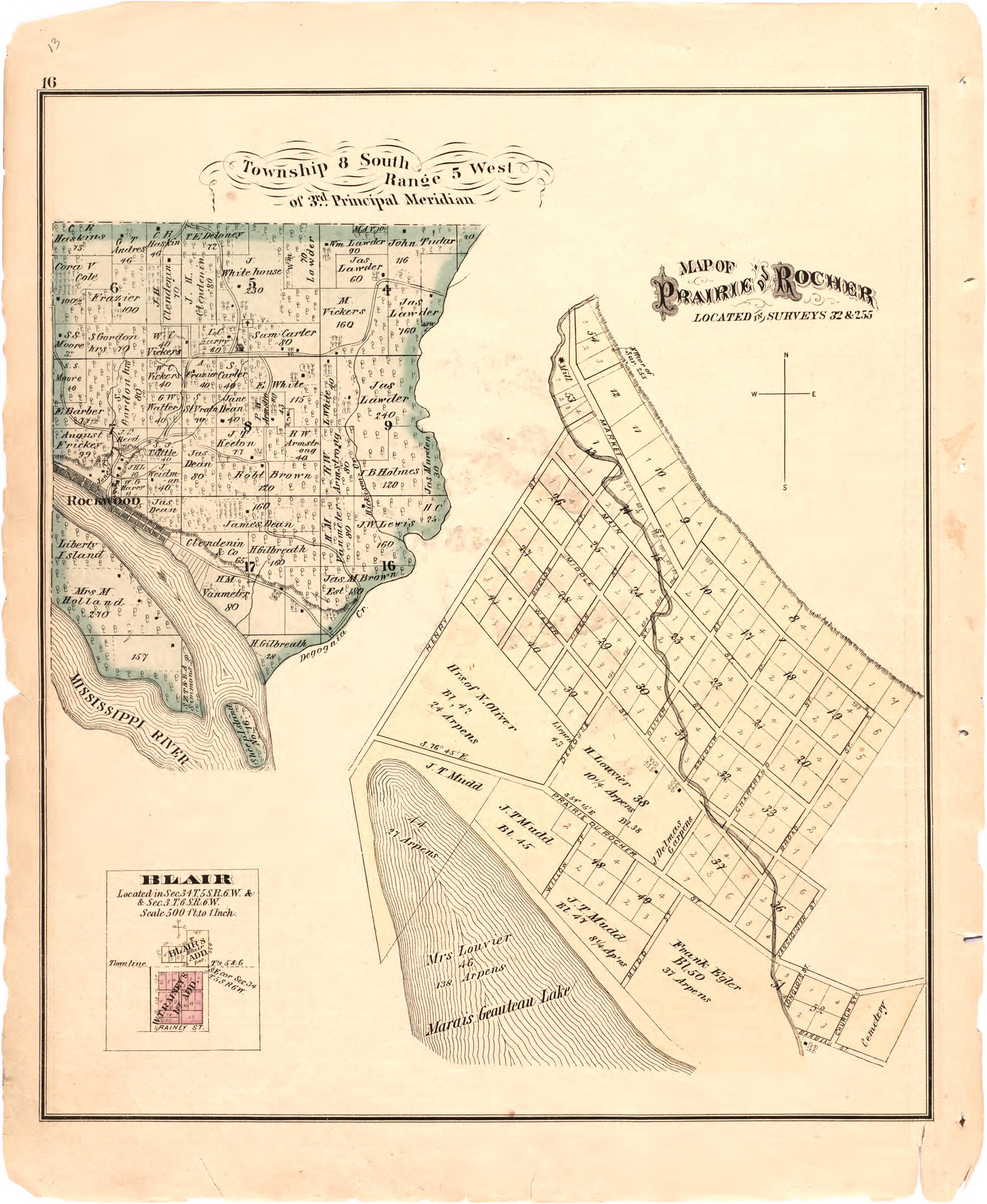 Map of Prairie & Rocher from an Illustrated Historical Atlas Map of Randolph County, Ills. : Carefully Compiled from Personal Examinations and Surveys 1875 by Relic Map Company